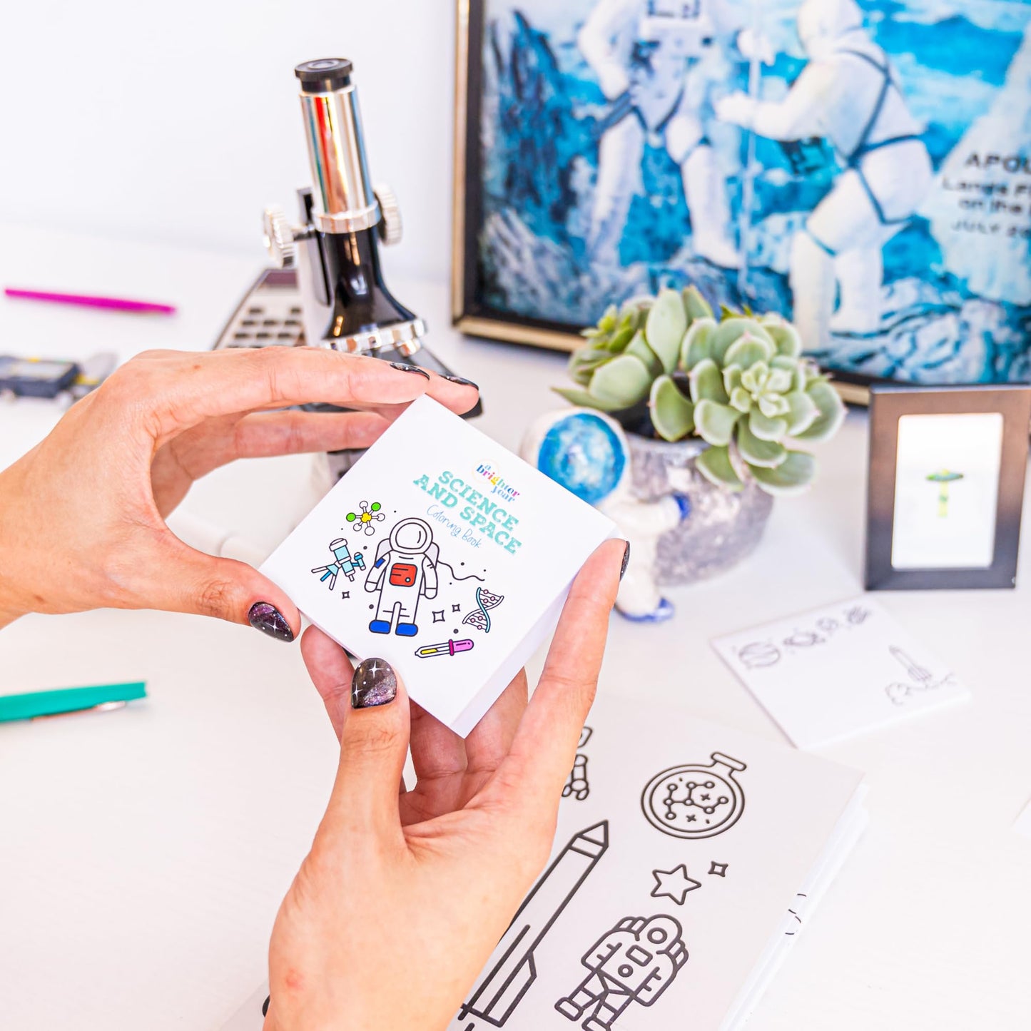A Brighter Year Space Edition Bundle - Adult Mini Coloring Book (3" x 3", 50 Pages), Lined Notebook, & Post It Notes (25-3” x 3”) Stress & Anxiety Relief - for Mindfulness, Relaxation, Gift, Travel