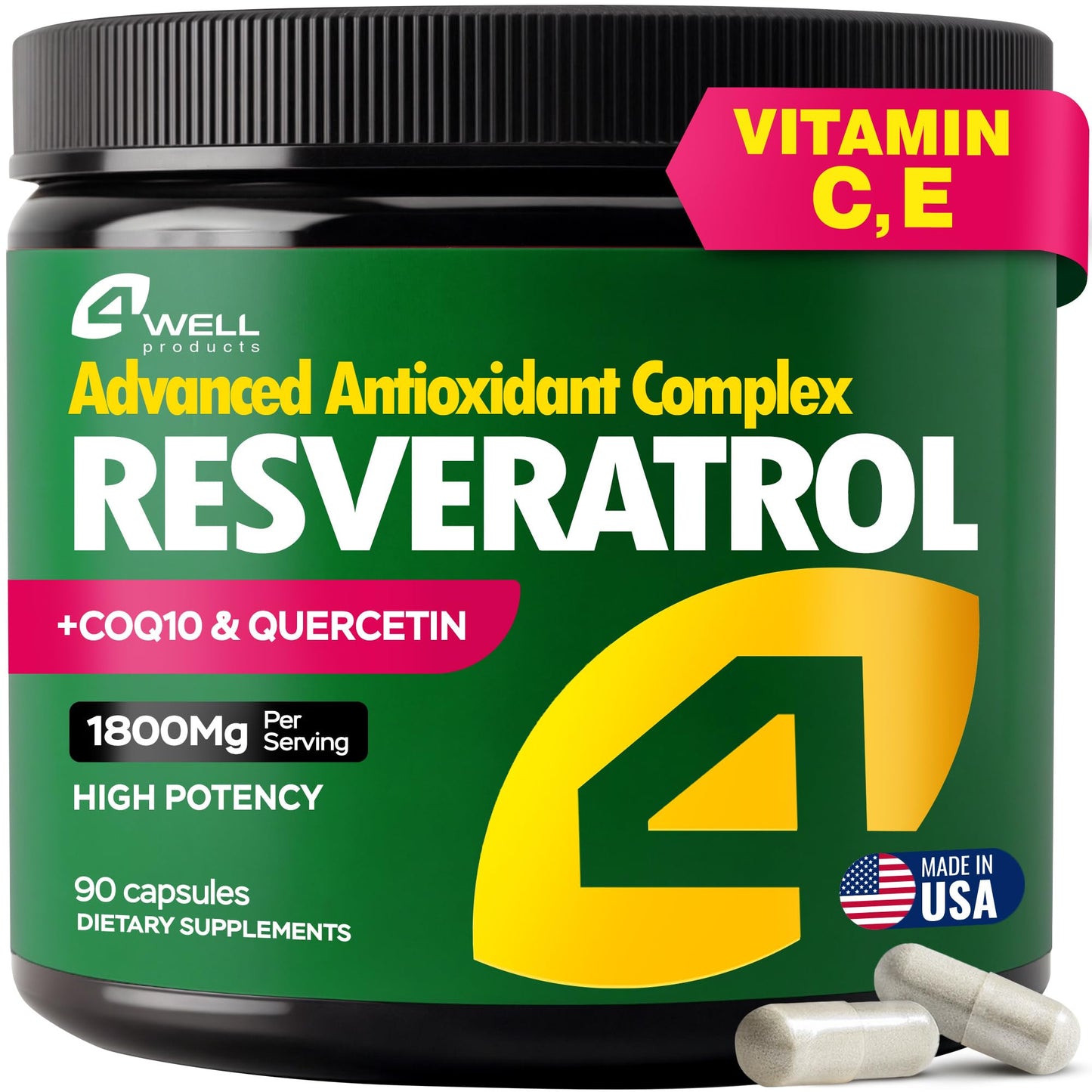 Resveratrol Supplement 1800mg Complex - COQ10, Quercetin, Vitamin E, Vitamin C - Powerful Antioxidant Formula for Enhanced Energy, Heart Health & Healthy-Aging Support Trans Resveratrol 90 Capsules