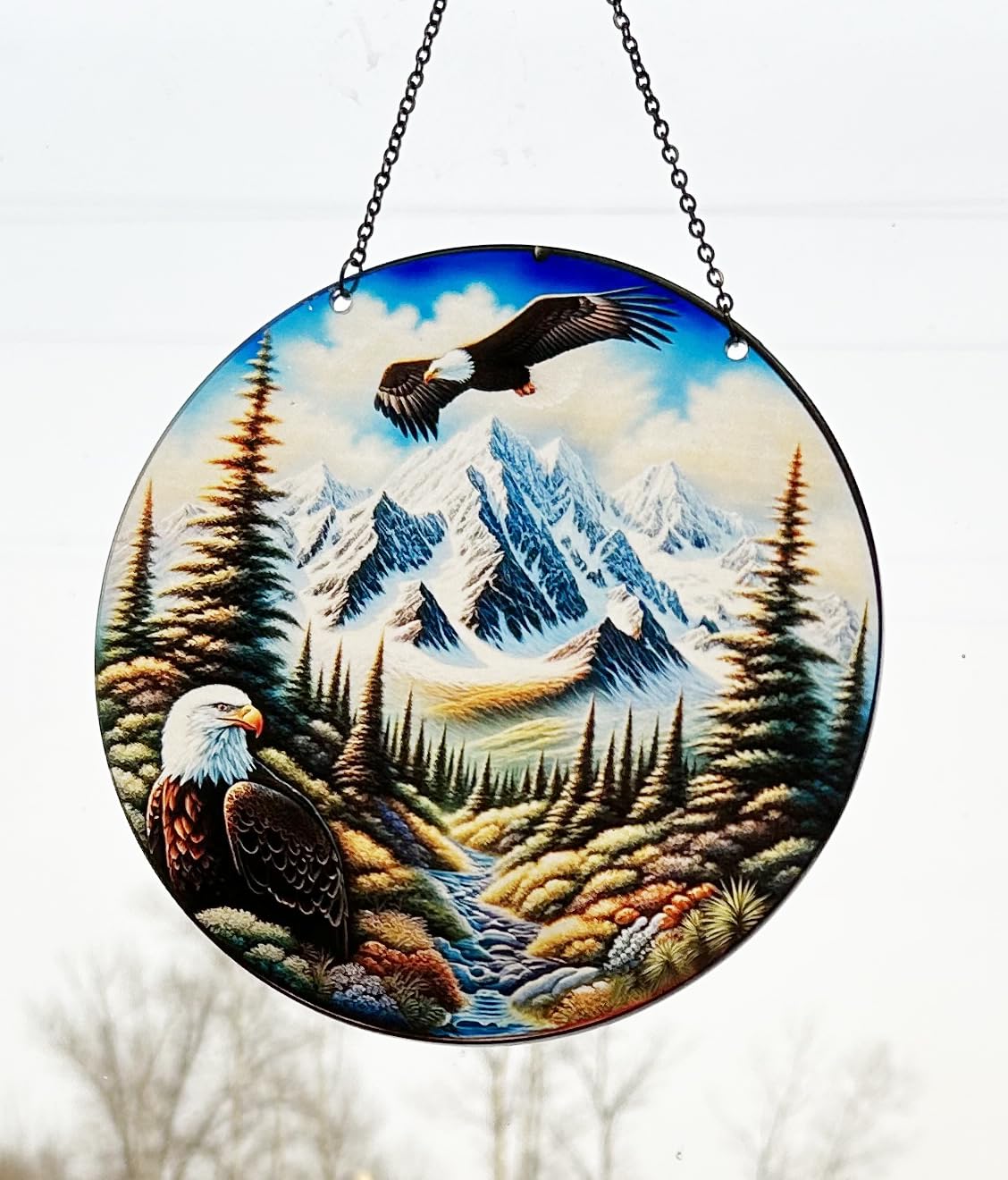 d'ears - Eagle Mountains - Acrylic Suncatcher with Chain - 6 Inch Diameter - Colorful - Nature - Birds of Prey - Window Art - Made in The USA