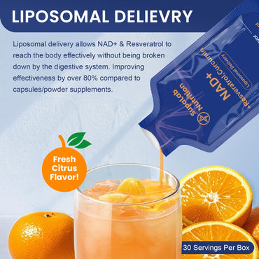 Liposomal NAD+ Supplement with Resveratrol, Anti-Aging, Energy Boost & Cellular Health Support, 15.2 fl. oz NAD Liquid for Men & Women (30 Pouch)