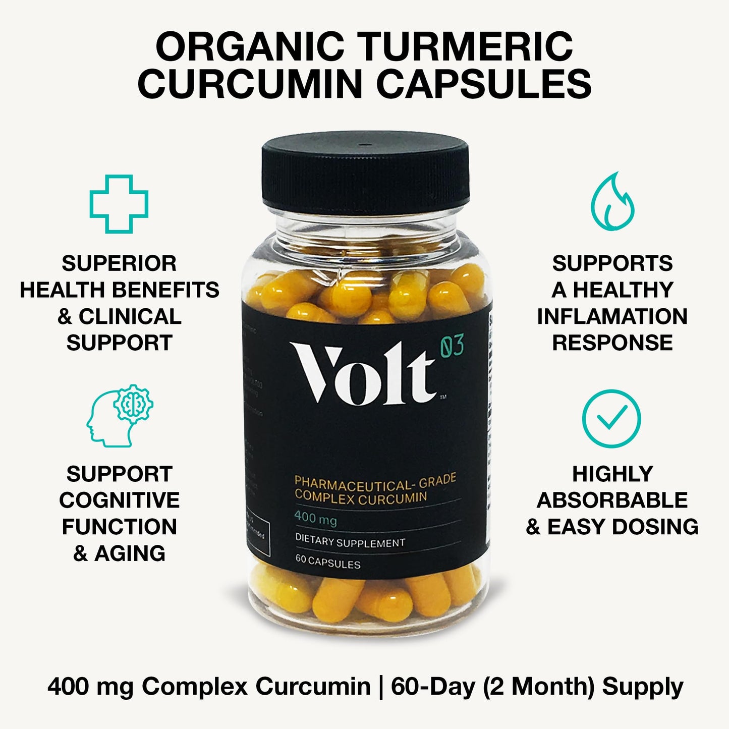 Volt03 Organic Turmeric Curcumin Capsules, 400mg Complex Curcurmin - Pharmaceutical-Grade Curcumin Supplement for Joint Health, Immune Support, & Healthy Inflammation Response, 60-day (2 month) supply