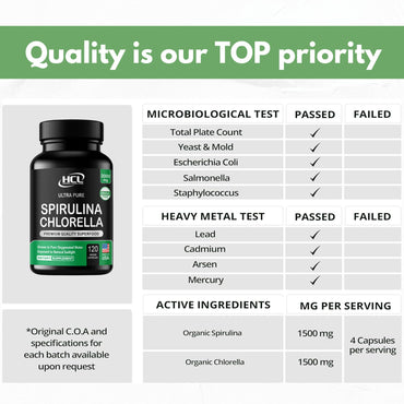 Chlorella Spirulina Powder Capsules Organic 3000 mg of BMAA Free Purest Blue Green Algae - Best Natural Detox Raw Vegan Vitamins Protein Green Superfood - Made in USA