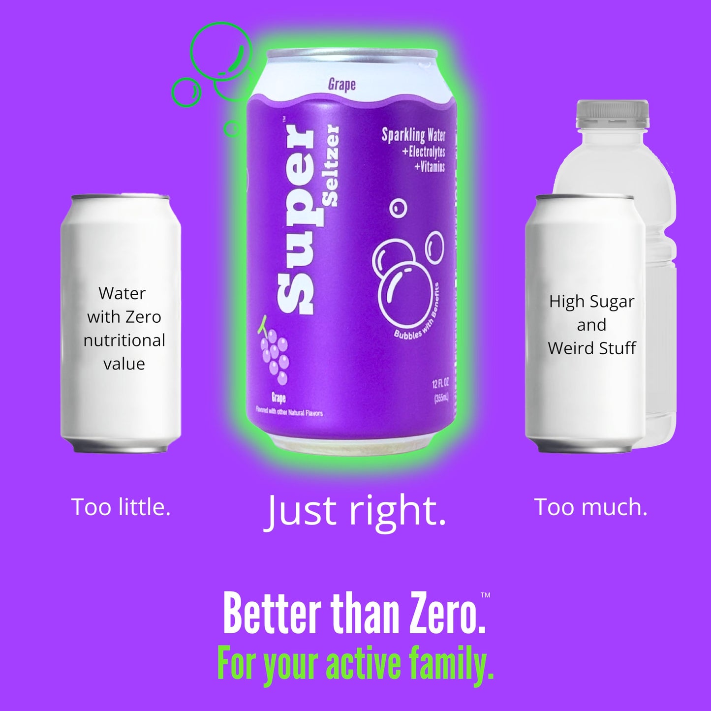 Super Seltzer Sparkling Water with Electrolytes and Vitamins, Grape Naturally Flavored, 12 Fl Oz, Pack of 12 cans