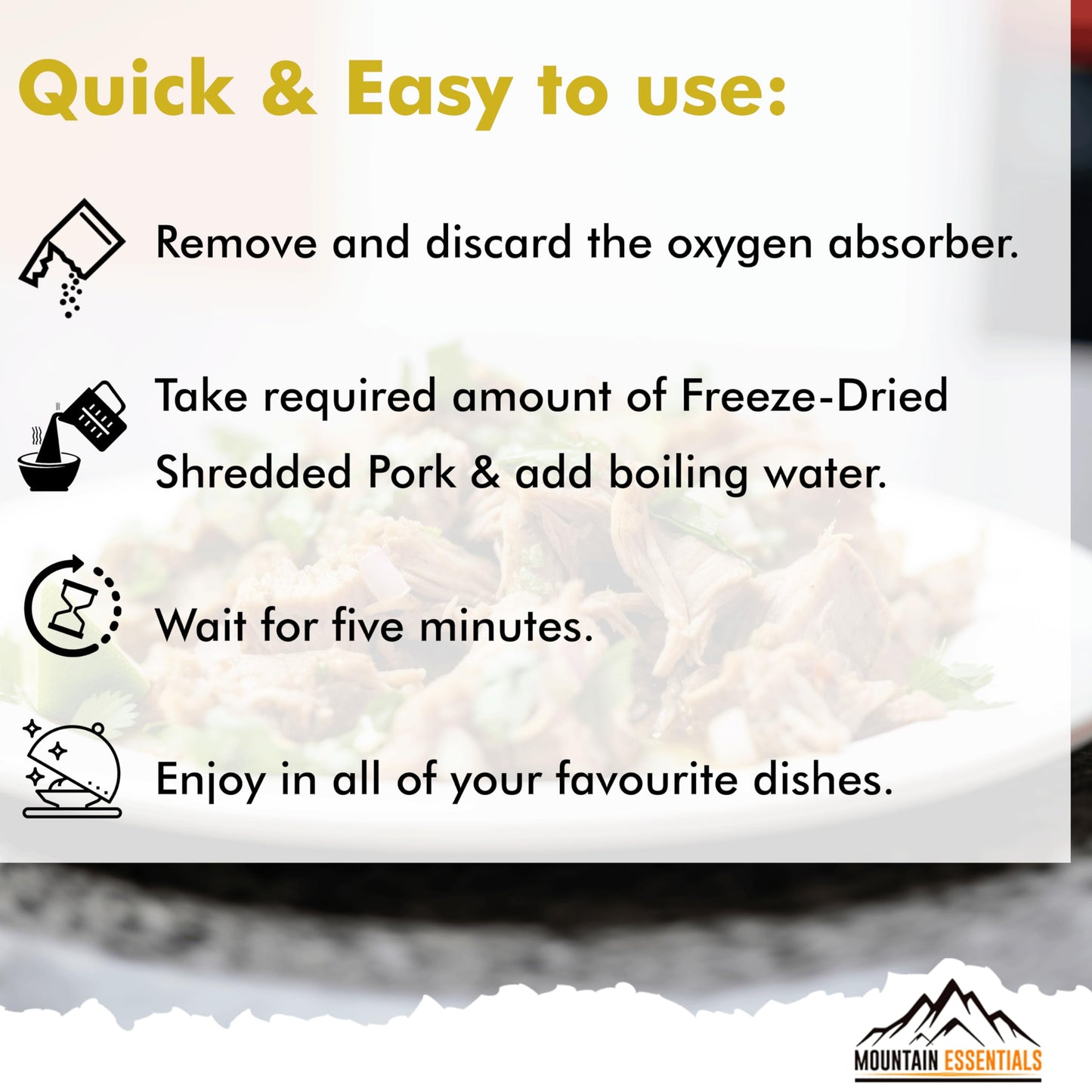 MOUNTAIN ESSENTIALS Freeze Dried Fully Cooked Shredded Pork with 7 Year Shelf Life, 10 Servings Ideal for Camping, Emergency Preparedness and Survival Meals | High Protein Made in USA