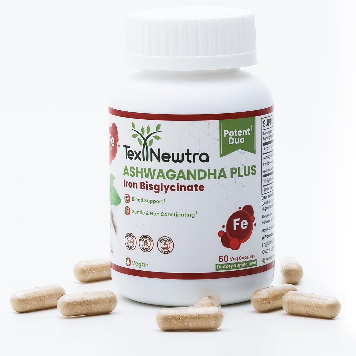 TEX NEWTRA Ashwagandha with Iron Bisglycinate - 300mg & Bioavailable Iron 10mg - 60 Capsules
