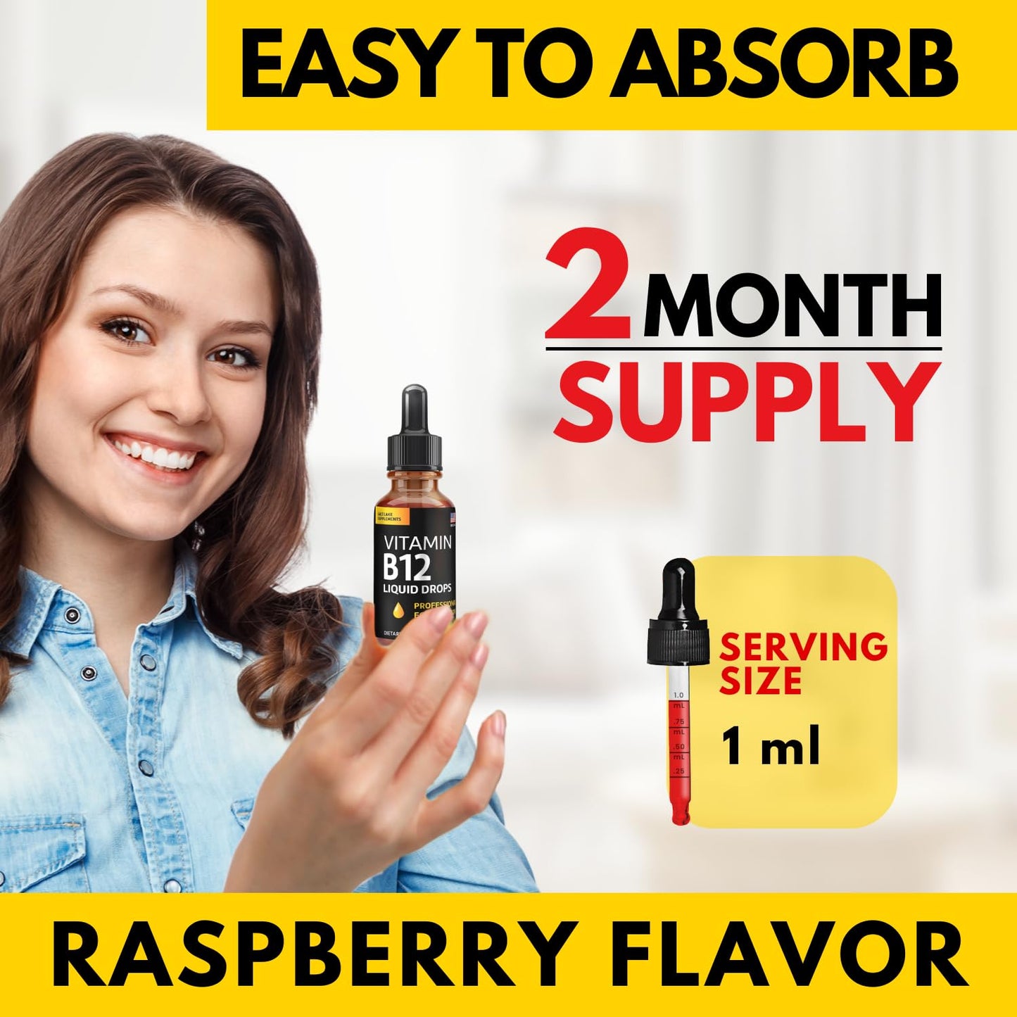 Vitamin B12 Liquid Drops - Vegan B12 vitamins 5000 mcg Methylcobalamin Fast-Acting Sublingual B Complex Liquid Vitamin B2, B3, B6 - Non-GMO, No Dairy, Soy & Sugar, Raspberry Flavor, 2 fl. oz.