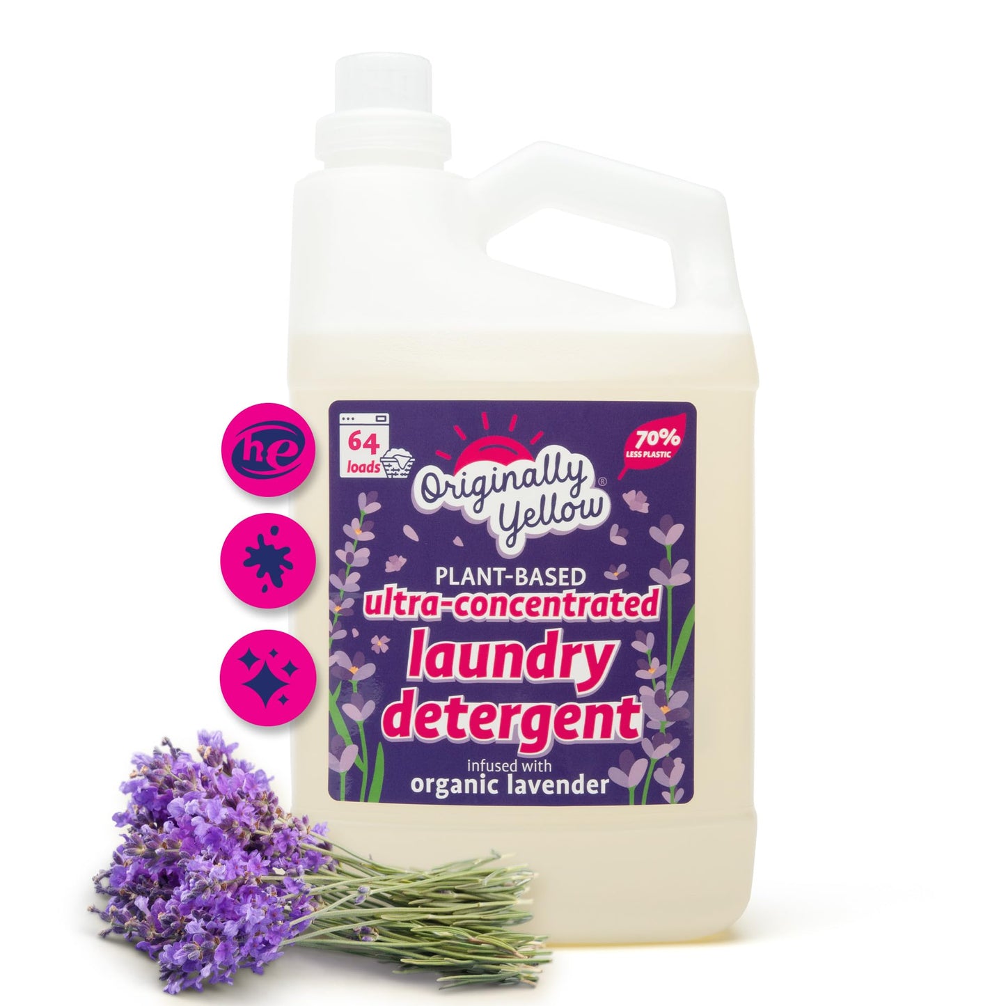Originally Yellow Plant Based Laundry Detergent | Ultra-Concentrated Natural Laundry Detergent with Organic Lavender | High-Efficiency Clean, Tough on Stains, Gentle on Fabric | 64Oz