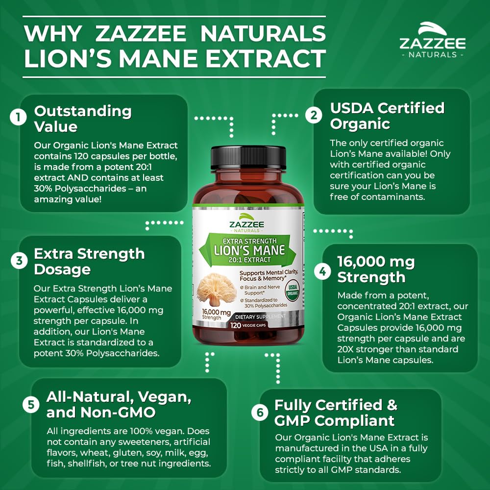 Zazzee USDA Organic Lion's Mane 20:1 Extract, 30% Polysaccharides, 16,000 mg Strength, 120 Vegan Capsules, Nootropic for Brain Health, Focus, Memory, Concentration and Immune Support, Made in The USA