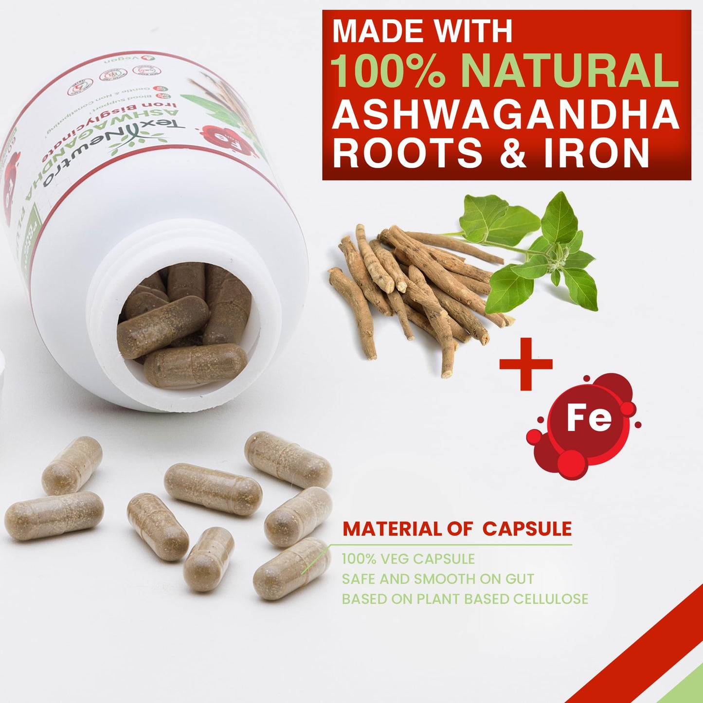 TEX NEWTRA Ashwagandha with Iron Bisglycinate - 300mg & Bioavailable Iron 10mg - 60 Capsules