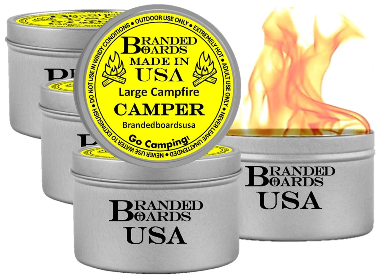 Branded Boards | Made in USA | Portable Mini Bonfire Campfire in a Can | Reusable & up to 5 Hours of Burn Time | Picnics Parties S'Mores Gifts Bushcraft Camping Survival Emergencies (Large 4-Pack)