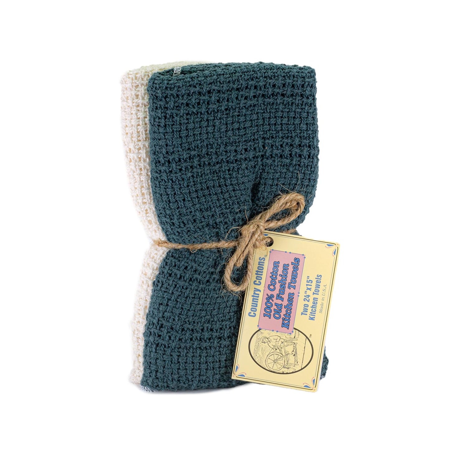Country Cottons Old Fashion 100% Cotton Kitchen Towels - Set of 2-24"x15" (Teal/Natural)