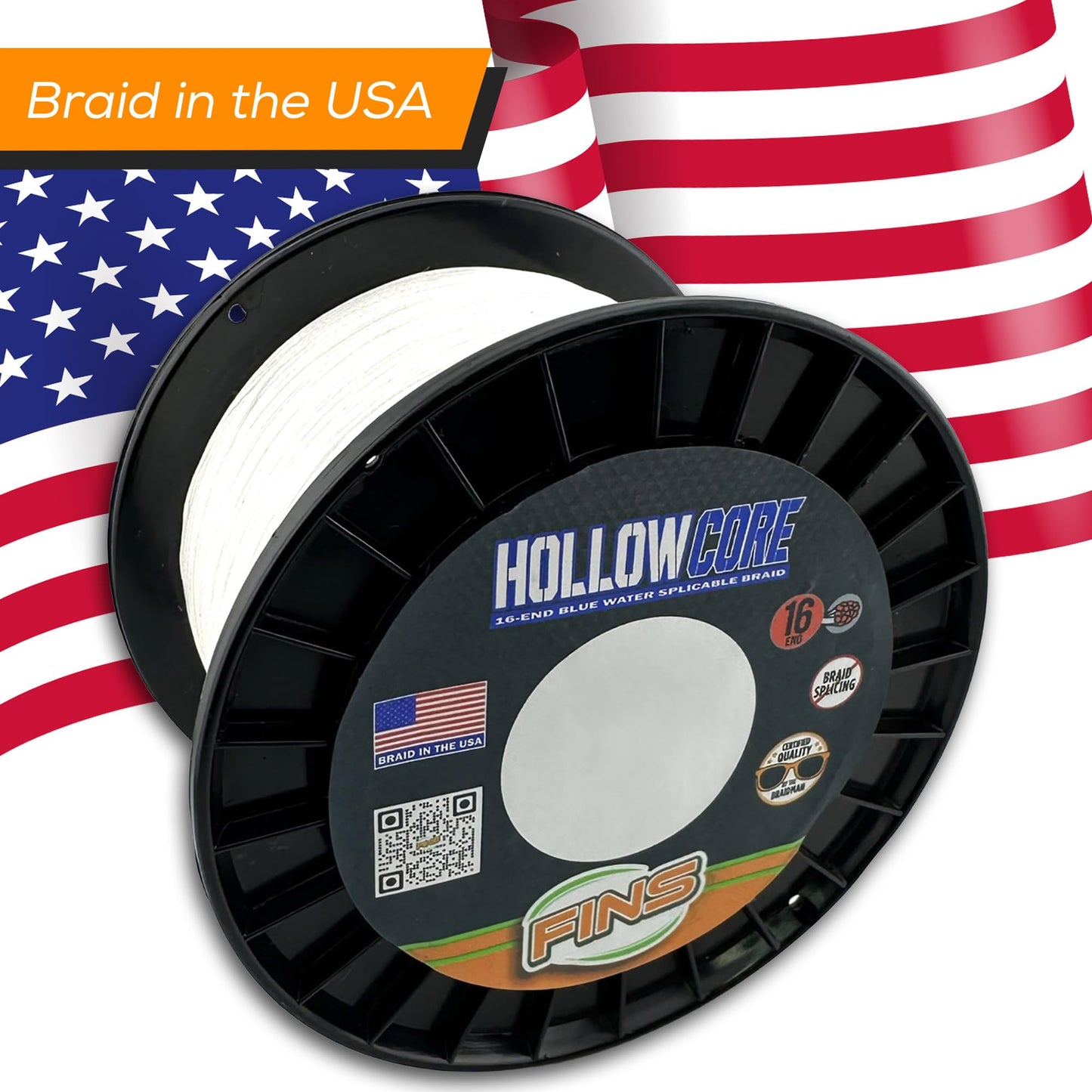 FINS Hollow Core Braided Fishing Line - USA Made, Spliceable Braid for Bluewater Angling, Superior Knotless Leader Transition - 16-Strand for Increased Reel Capacity - White - 130 lb - 100 Yds