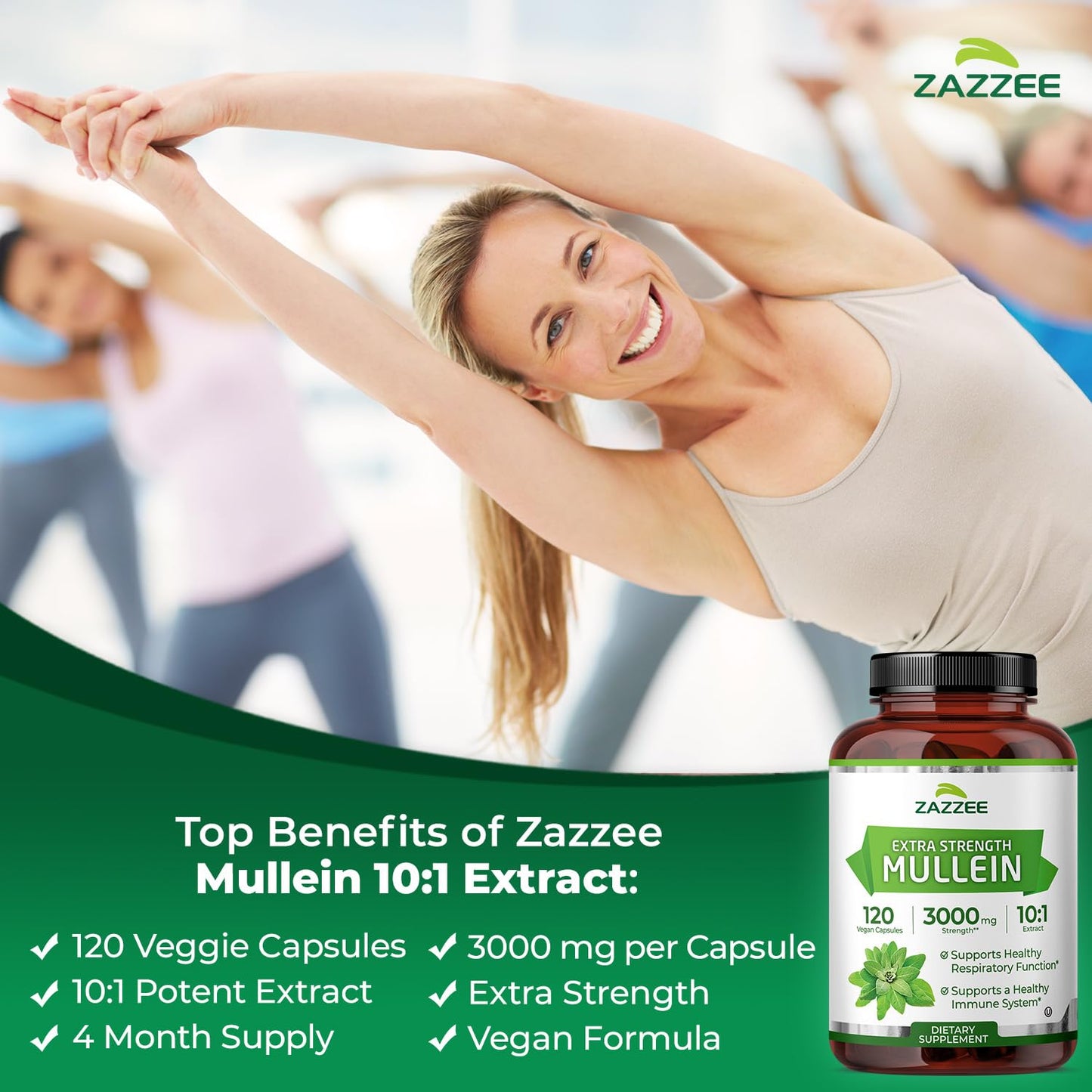 Zazzee Extra Strength Mullein 10:1 Extract, 3000 mg Strength, 120 Vegan Capsules, 4 Month Supply, Standardized 10X Extract, 100% Pure Leaf Powder, All-Natural and Non-GMO, Made in The USA