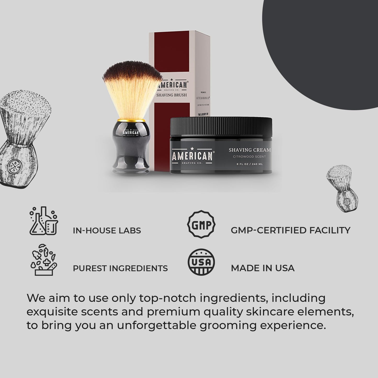 American Shaving Co. Citrowood Shaving Cream For Men With Shaving Brush 8 oz, Made in USA, Easy Application, Quality Potent Ingredients, Non-GMO, GMP Certified, Cruelty-Free Products