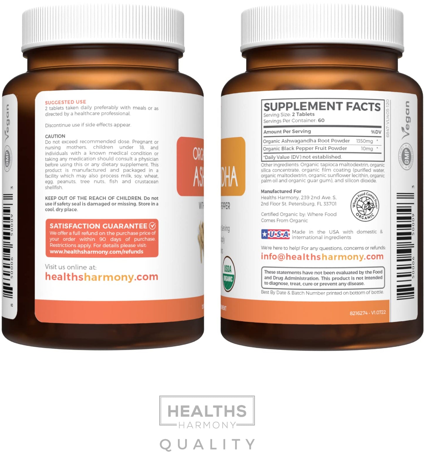 USDA Organic Ashwagandha Supplement - High Potency Ashwagandha Pills Made With Organic Black Pepper for Enhanced Absorption - Vegan Non-GMO Made in the USA & Lab Verified (2 Months Supply)