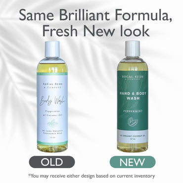 SoCal Suds & Company - 12oz Organic Soap Liquid, Gentle Hand & Body Wash, Organic Body Wash for Men and Women, Made w/Organic Oils & Coconut Oil, Bath Essentials for All Skin Types - Peppermint