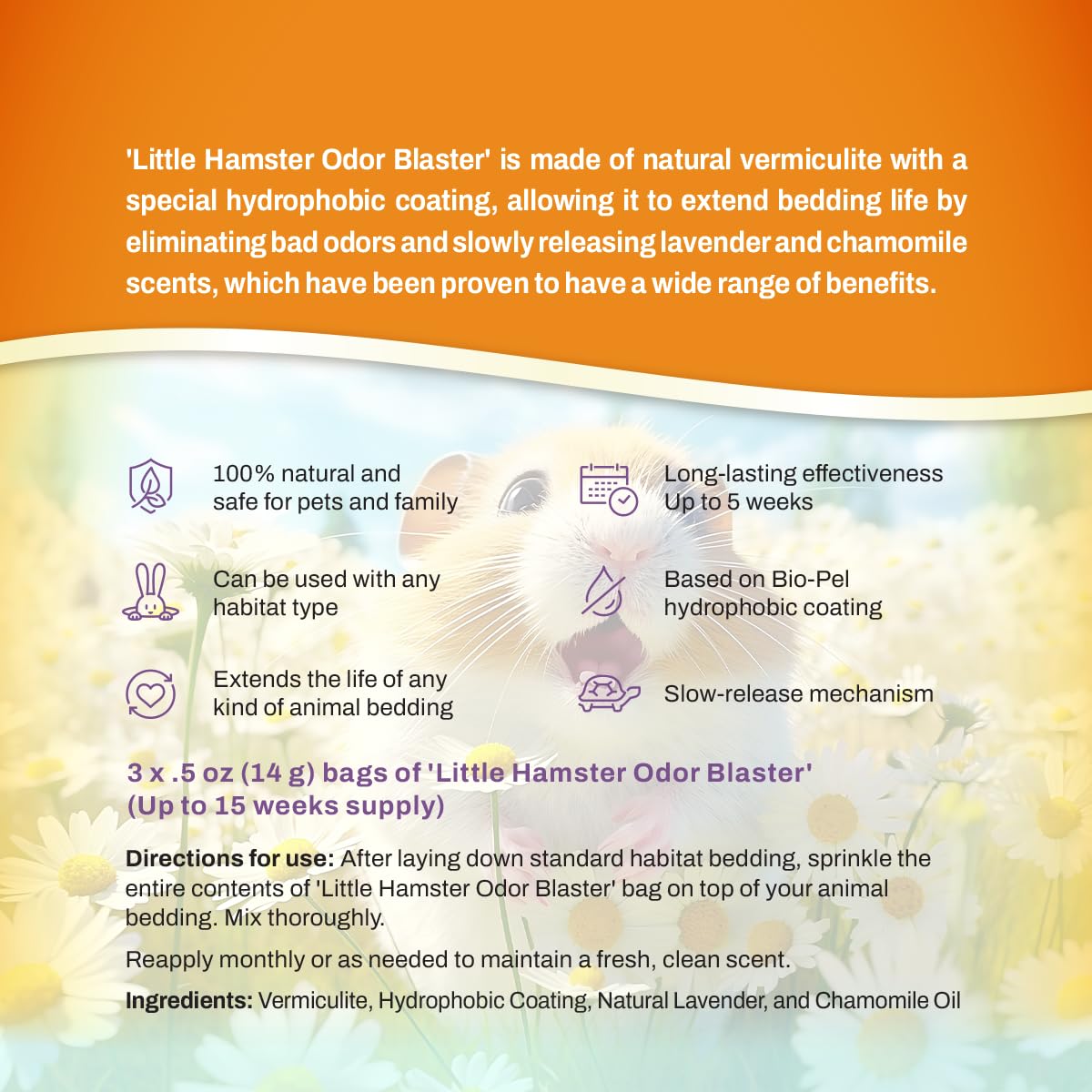 LITTLE SAVER Hamster Odor Blaster | a New Generation Of Animal Bedding Deodorizer | Unique Slow Release Formula | Natural Fresh Scent - Lavender & Chamomile | Up to 15 Weeks Supply | 3 x 0.5oz bags