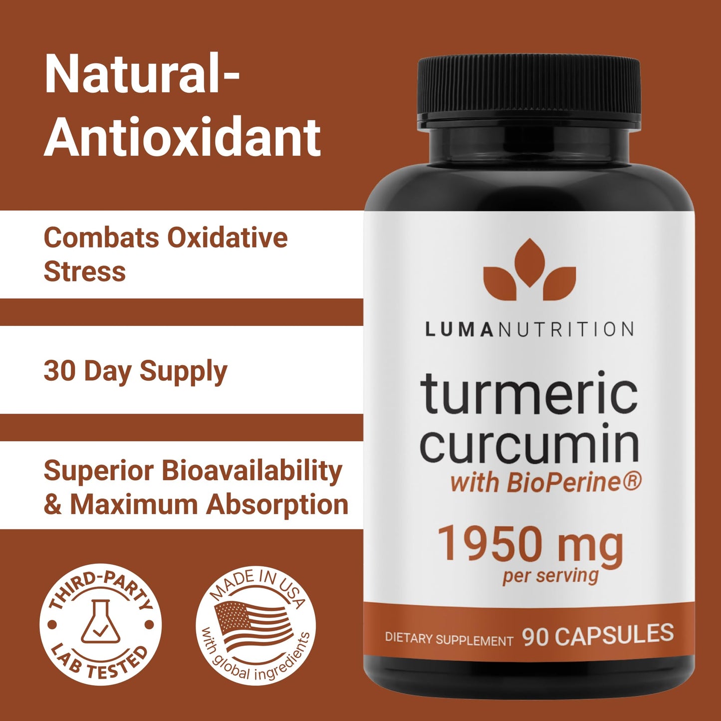 Luma Nutrition Turmeric Curcumin with Black Pepper - 95% Curcuminoids - 1950mg Per Serving - Premium Turmeric Supplement - with BioPerine for Max Absorption - Made in USA - 90 Capsules