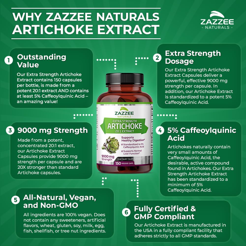 Zazzee Extra Strength Artichoke 20:1 Extract, 9000 mg Strength, 5% Caffeoylquinic Acid, 150 Vegan Capsules, 5 Month Supply, Concentrated and Standardized 20X Extract, Non-GMO and All-Natural
