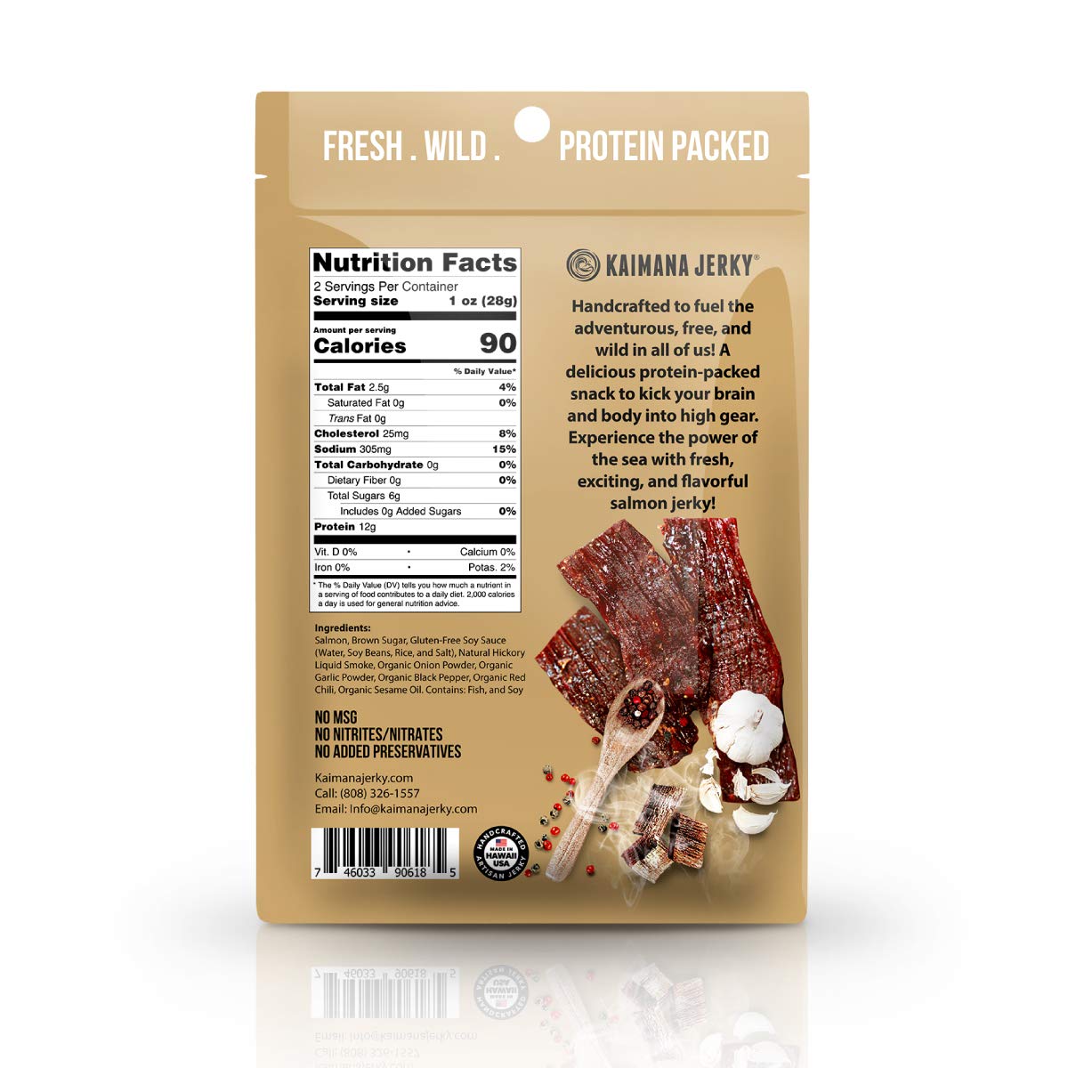 Kaimana Jerky Wild Caught Salmon Jerky - Organic Gourmet Smoked Dried Fish Strips Rich in Omega-3 & Protein - Low-Calorie Seafood Snack with No Gluten, Less Sodium & Sugar - Original Flavor - 3/2oz Pack
