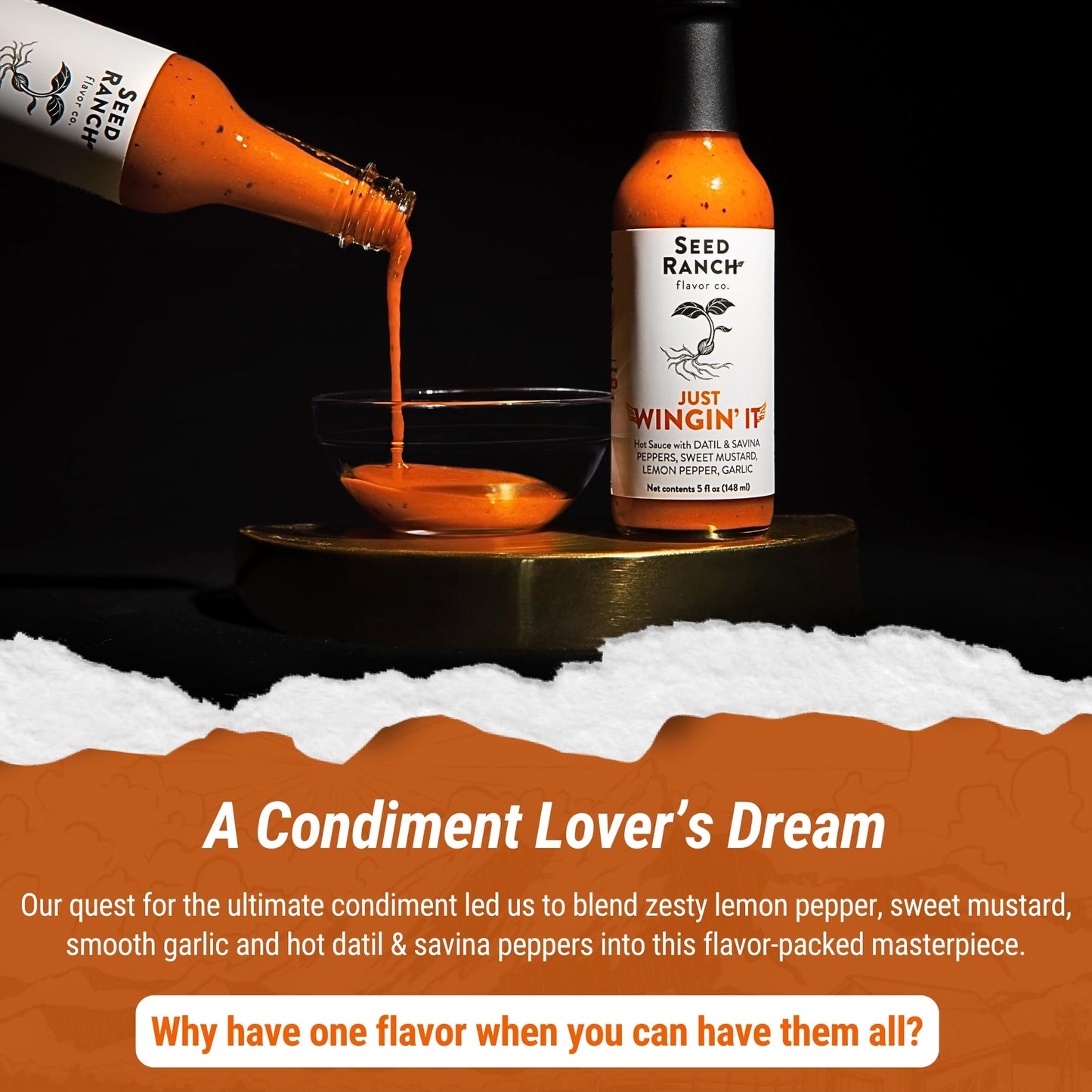 Seed Ranch Just Wingin' It Hot Sauce, 5 fl oz., Medium Heat, Datil and Savanna Peppers, Small-Batch Organic Gourmet Sauces, Vegan, Non-GMO, Gluten-Free, As Seen on Hot Ones S27