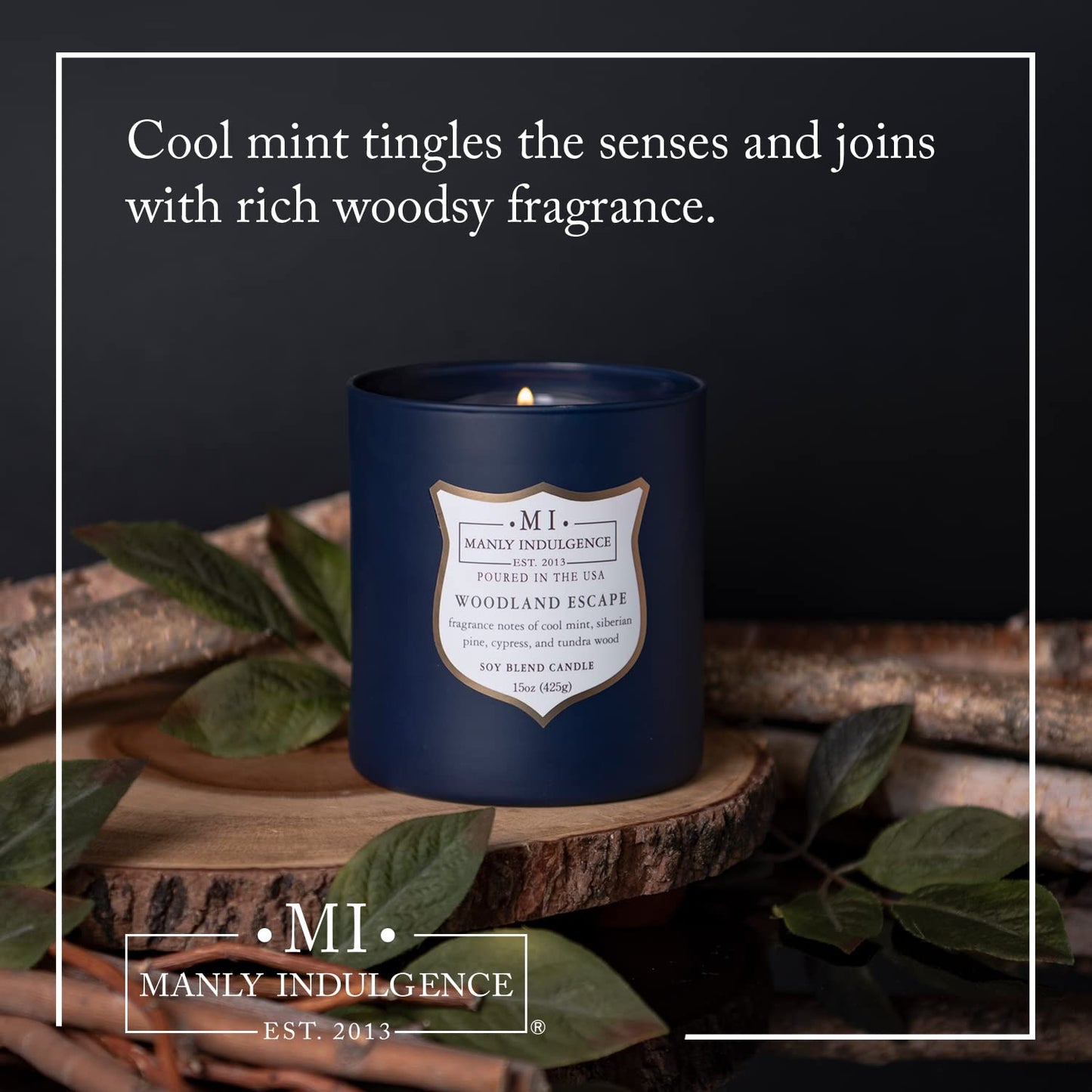 Manly Indulgence Woodland Escape Scented Candles for Men, 15 oz Wooden Wick, Fathers Day Candle, 60H Burn, Candles for Home Scented - Made in The USA