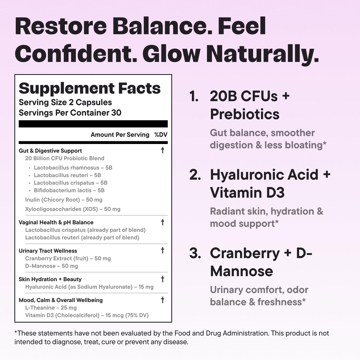 VitalForm Womenโs Probiotic with 20B CFU โ 5-in-1 Vaginal, Gut, Urinary, Skin & Mood Support โ D-Mannose, Cranberry, Hyaluronic Acid, L-Theanine, Vitamin D โ Vegan, Non-GMO โ 30 Capsules