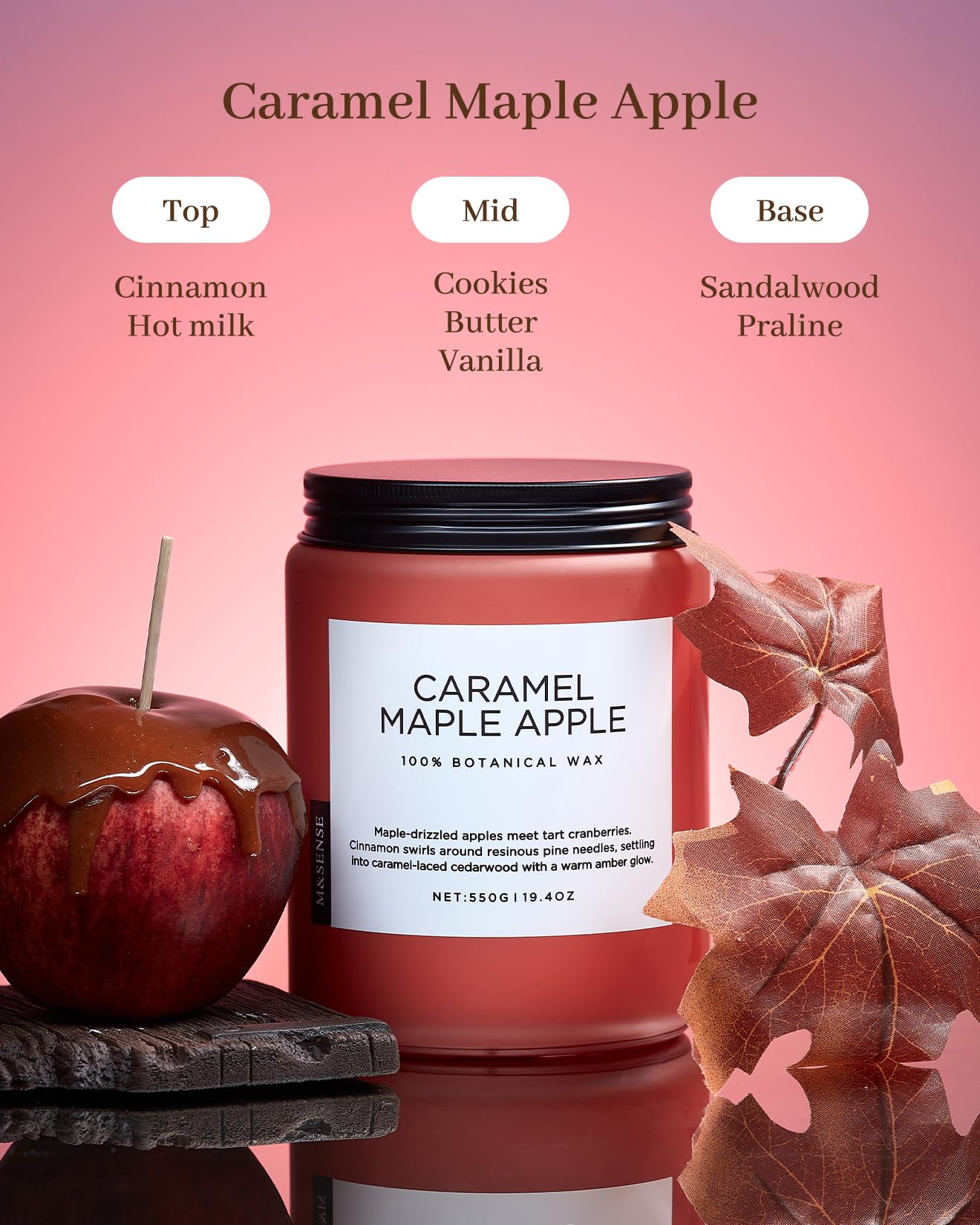 M&SENSE Caramel Apple Pie Candles for Home Scented, Natural Soy Wax 19.4oz Long Lasting 110 Hours Clean Non Toxic Large 2 Wick Candle Gifts for Thanksgiving Housewarming