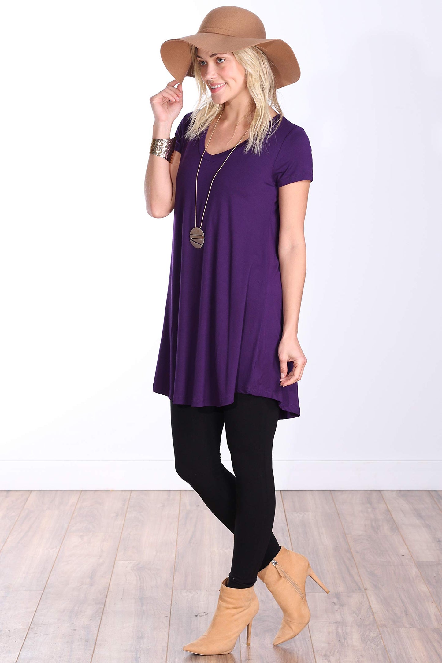 Popana Womens Short Sleeve Summer Tunic Tops to Wear with Leggings Loose Fit Made in USA Eggplant