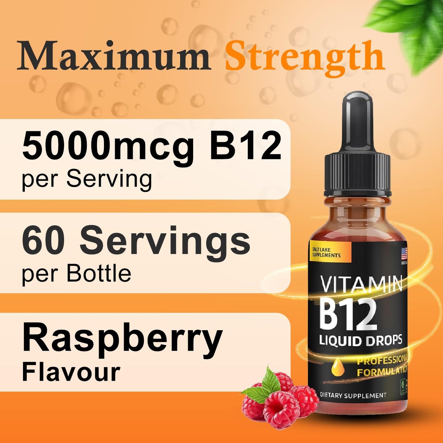 Vitamin B12 Liquid Drops - Vegan B12 vitamins 5000 mcg Methylcobalamin Fast-Acting Sublingual B Complex Liquid Vitamin B2, B3, B6 - Non-GMO, No Dairy, Soy & Sugar, Raspberry Flavor, 2 fl. oz.