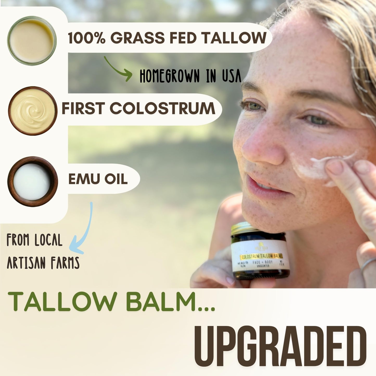 100% Grass Fed Tallow Balm with First Colostrum & Emu Oil - Handmade in USA Whipped Beef Tallow for Face and Body, Sensitive Skin Tallow Moisturizer made with True First Colostrum, (Lavender Mist)