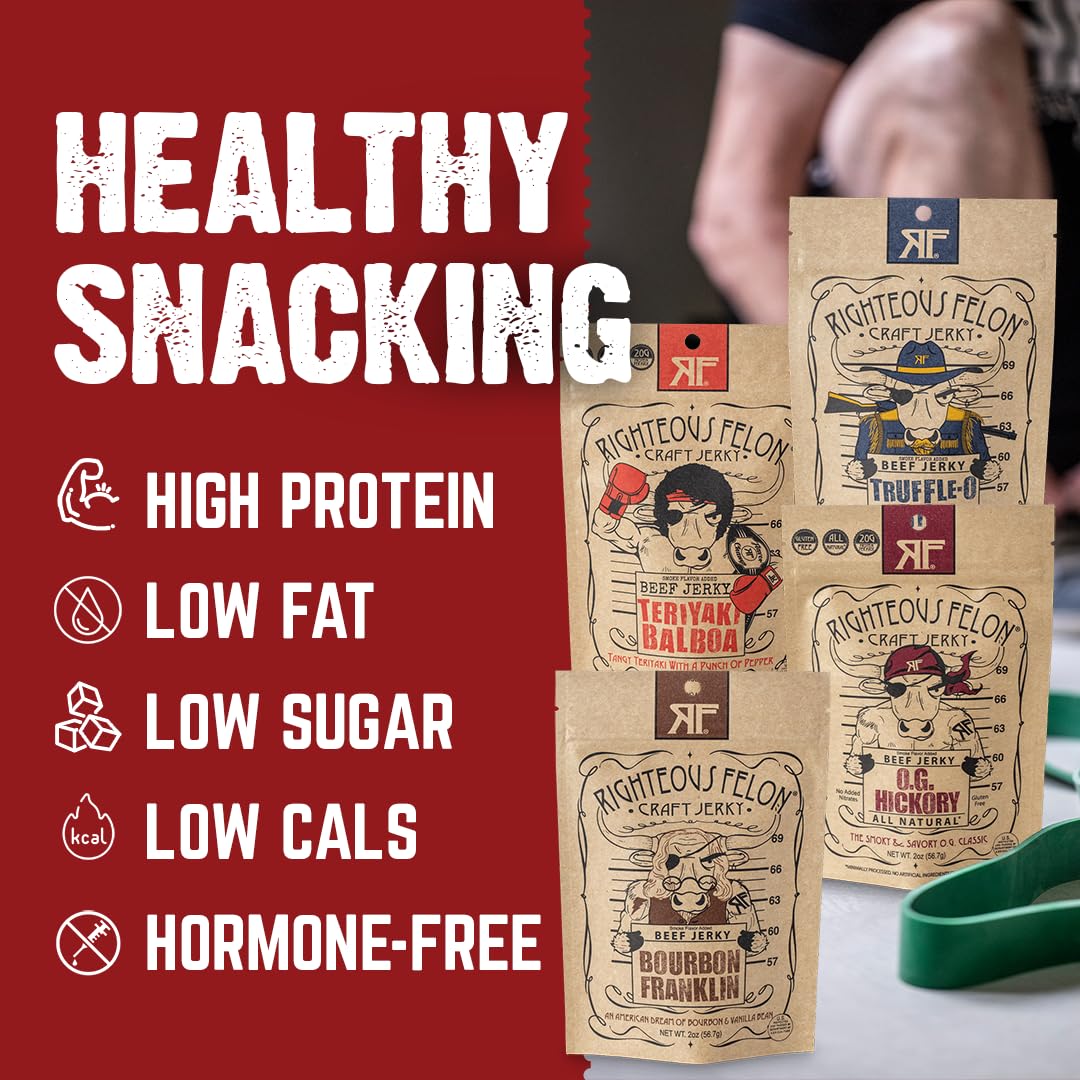 Righteous Felon Beef Jerky | All-Natural Jerky - Locally Sourced & Dried Beef Jerky - Low-Sugar Healthy Jerky Snacks (Sampler Pack)