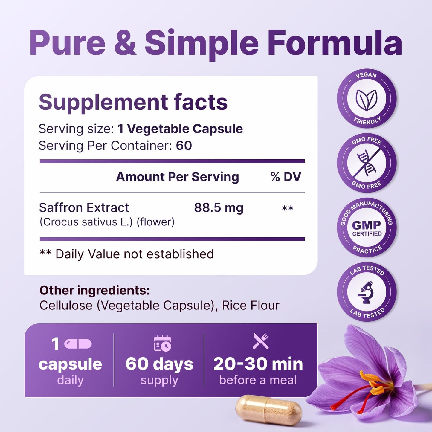 Saffron Supplements - 100% Pure Saffron Extract Capsules - Boost Energy & Mood, Support Eye & Heart Health, Focus, Vision - Pure Saffron Extract 88.5 mg - Made in USA for Women & Men - 60 Capsules