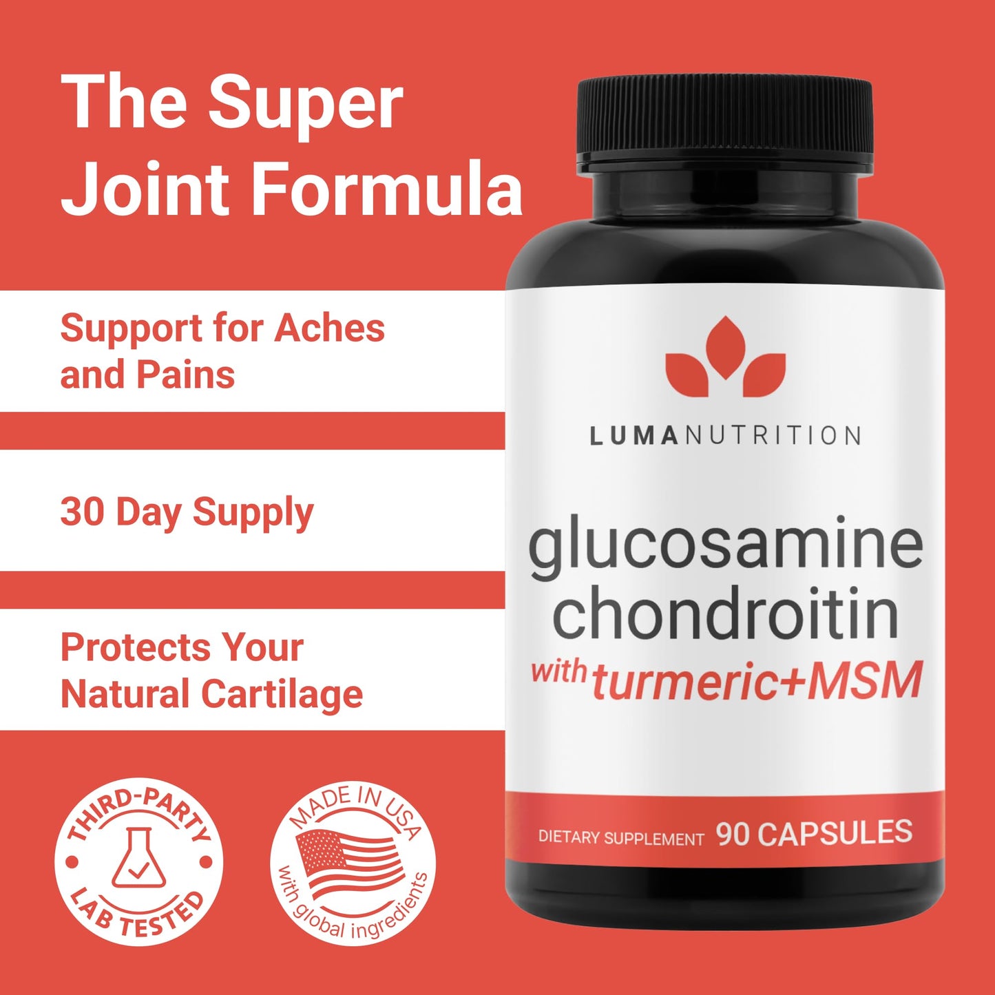 Luma Nutrition Glucosamine Chondroitin MSM - Turmeric, Boswellia - Premium Supplement - for Men and Women - Joint Supplement - 90 Capsules