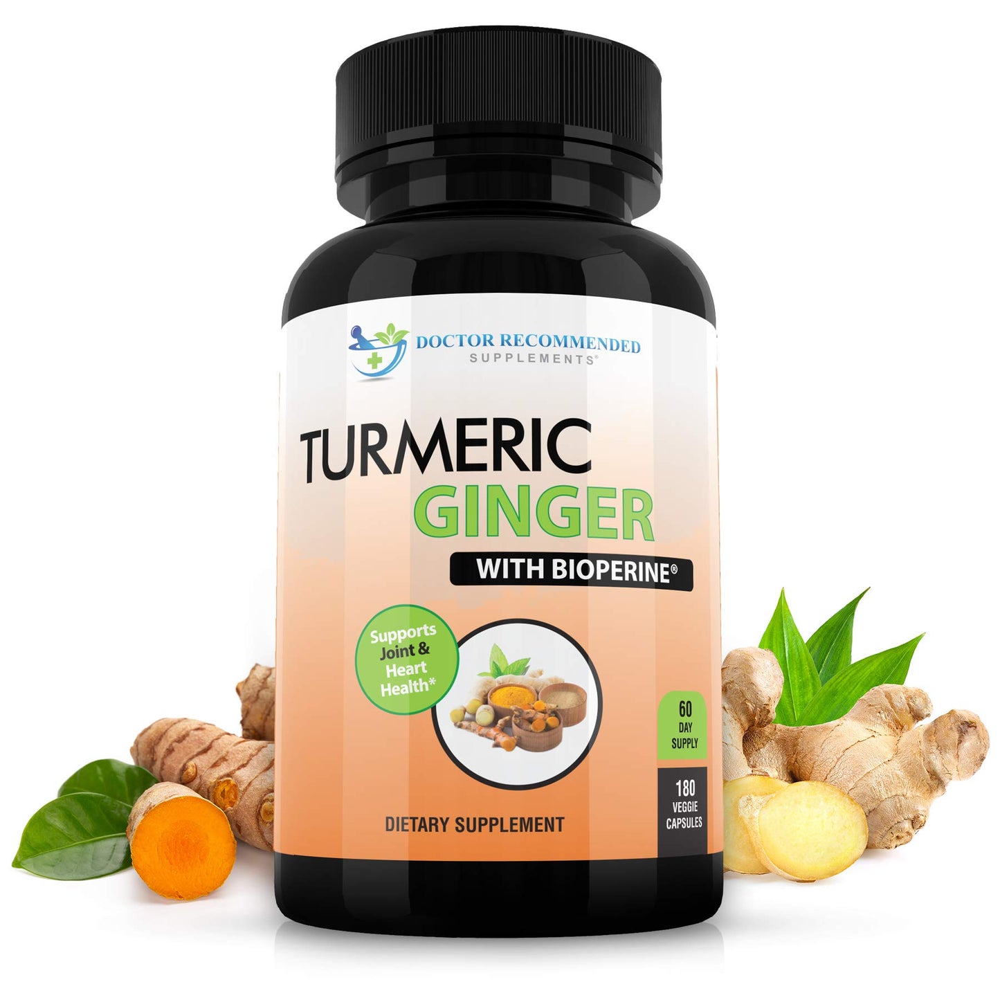 Turmeric Curcumin with Ginger, 95% Curcuminoids with BioPerine - 180 Veggie Capsules - Made in USA