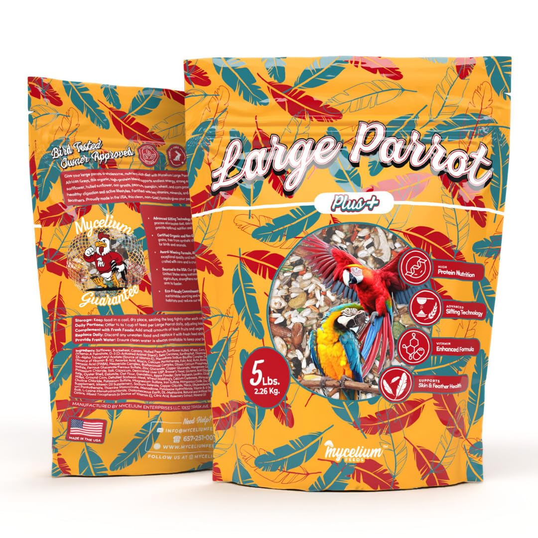 Mycelium Organic Large Parrot Plus Bird Food (5 LBS) | Premium Bird Seed for Macaws, Cockatoos & Parrots | High-Protein, Vitamin-Fortified, Skin & Feather Support | Non-GMO, USA Made, No Fillers