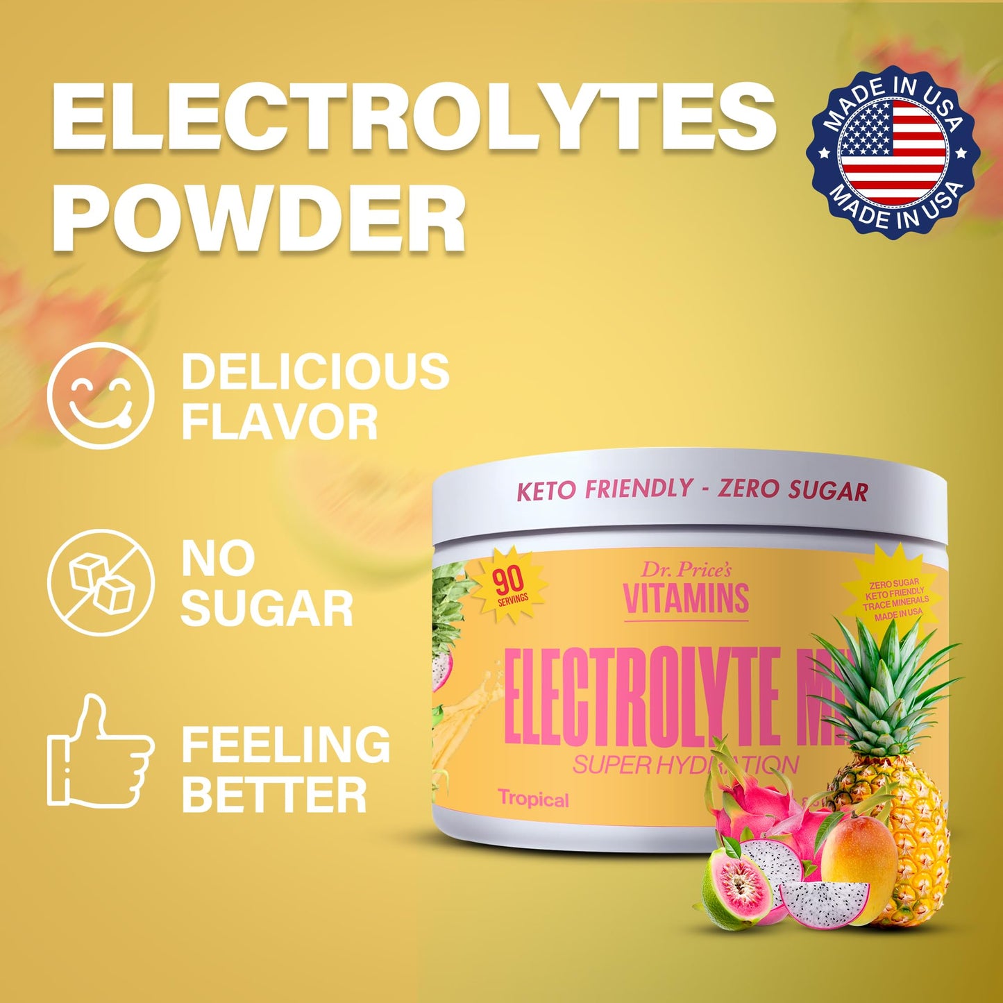 Dr. Price’s Electrolyte Mix | Sugar-Free Hydration Powder with 72+ Trace Minerals | No Sugar, Fast-Dissolving Electrolytes Powder Packets | Tropical, 90 Servings