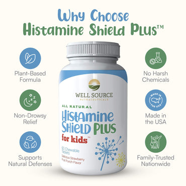 Histamine Shield Plus for Kids™ Natural Antihistamine Supplement, Sinus & Allergy Relief for Pollen, Pet Dander, Dust, Mold, and Odors, 60 Strawberry Fruit Punch Chewable Tablets