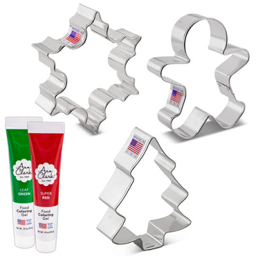 Christmas Cookie Cutters and Decorating 5-Pc. Set Made in USA by Ann Clark, Snowflake, Gingerbread Man, Christmas Tree, Red & Leaf Green Food Coloring Gel
