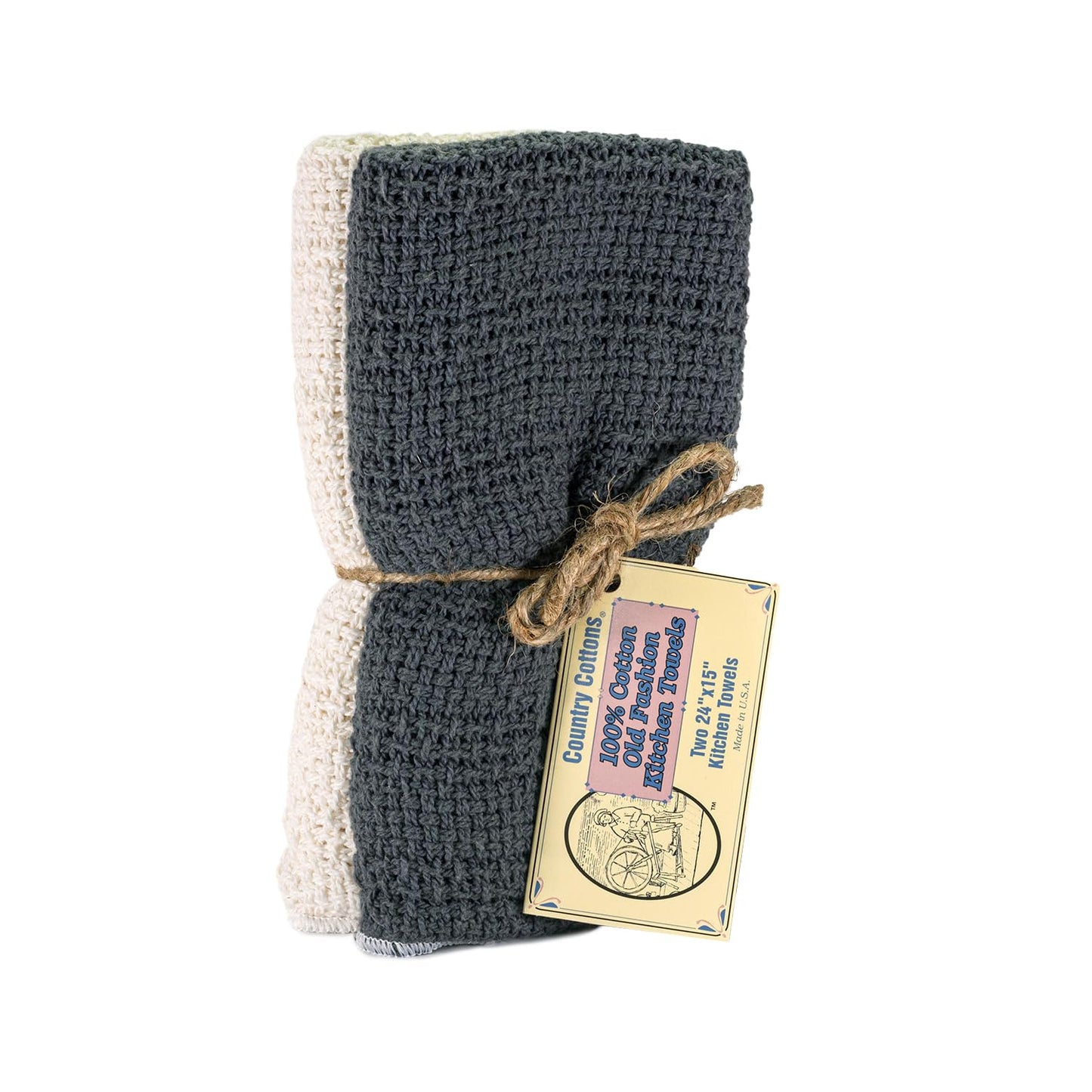 Country Cottons Old Fashion 100% Cotton Kitchen Towels - Set of 2-24"x15" (Gray/Natural)