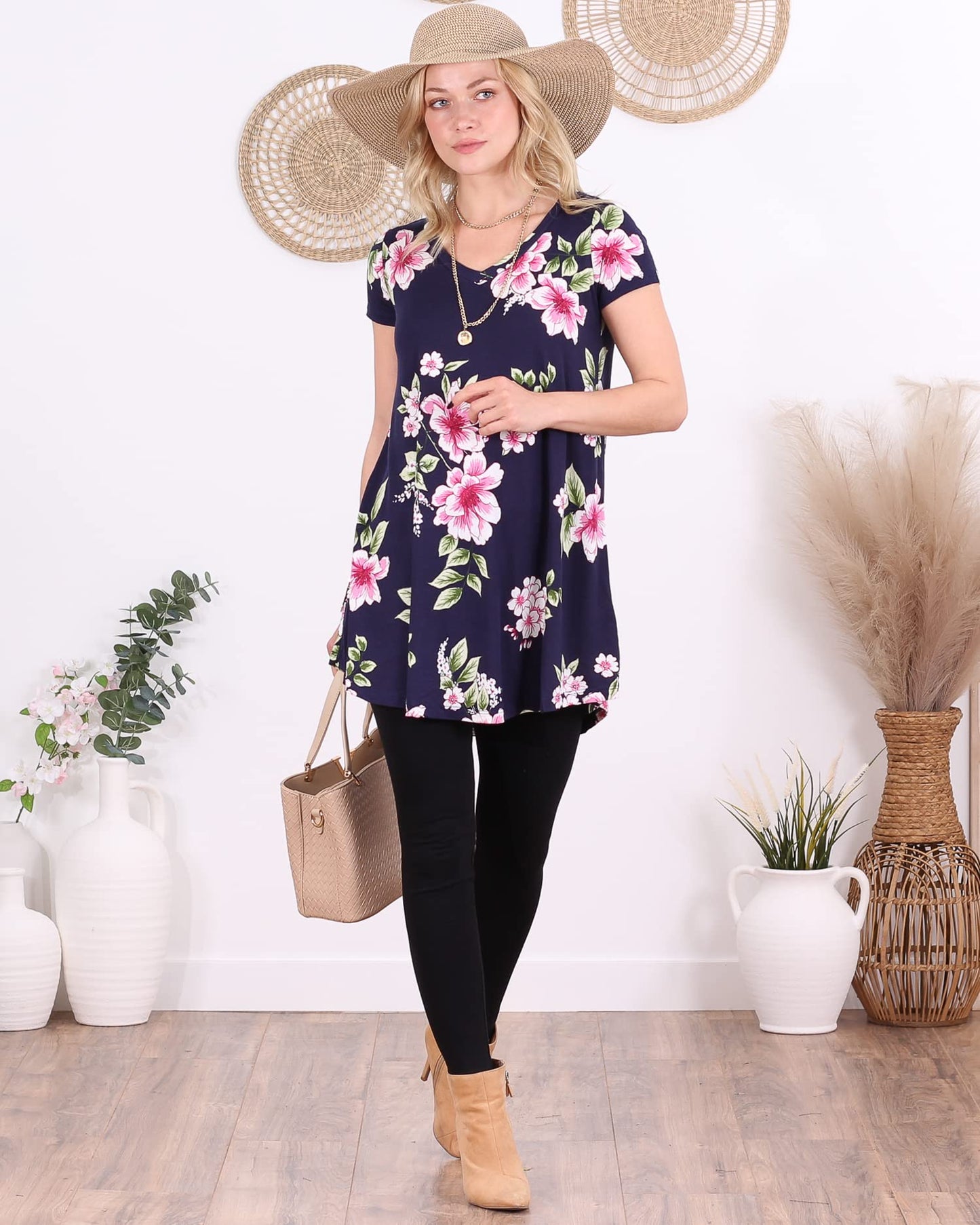 Popana Womens Short Sleeve Summer Tunic Tops to Wear with Leggings Loose Fit Made in USA Floral