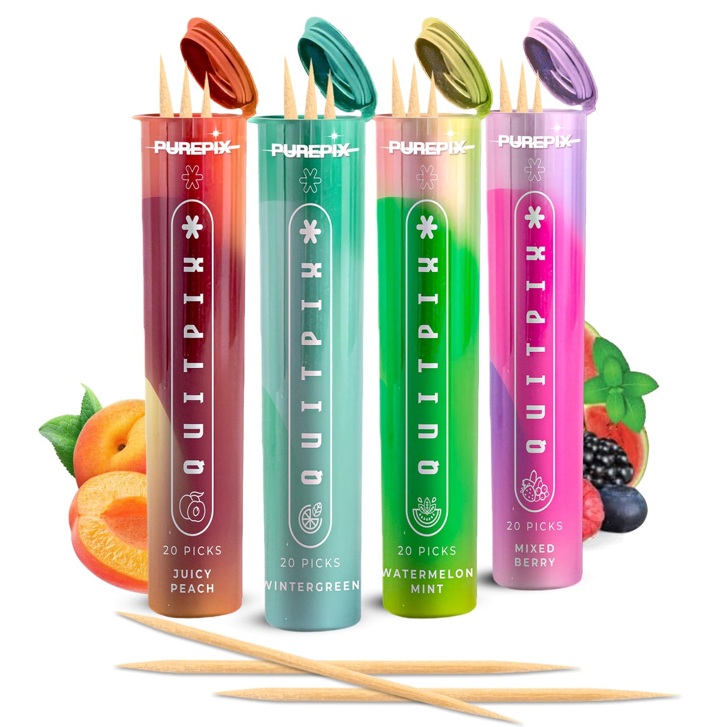 PurePix QuitPix Help Quit Smoking Extra Thick Boosting Flavored Toothpicks with Lobelia to Help Quit Smoking - Oral Fixation - Nicotine Free Toothpicks - 4 Flavors Kosher Variety Pack