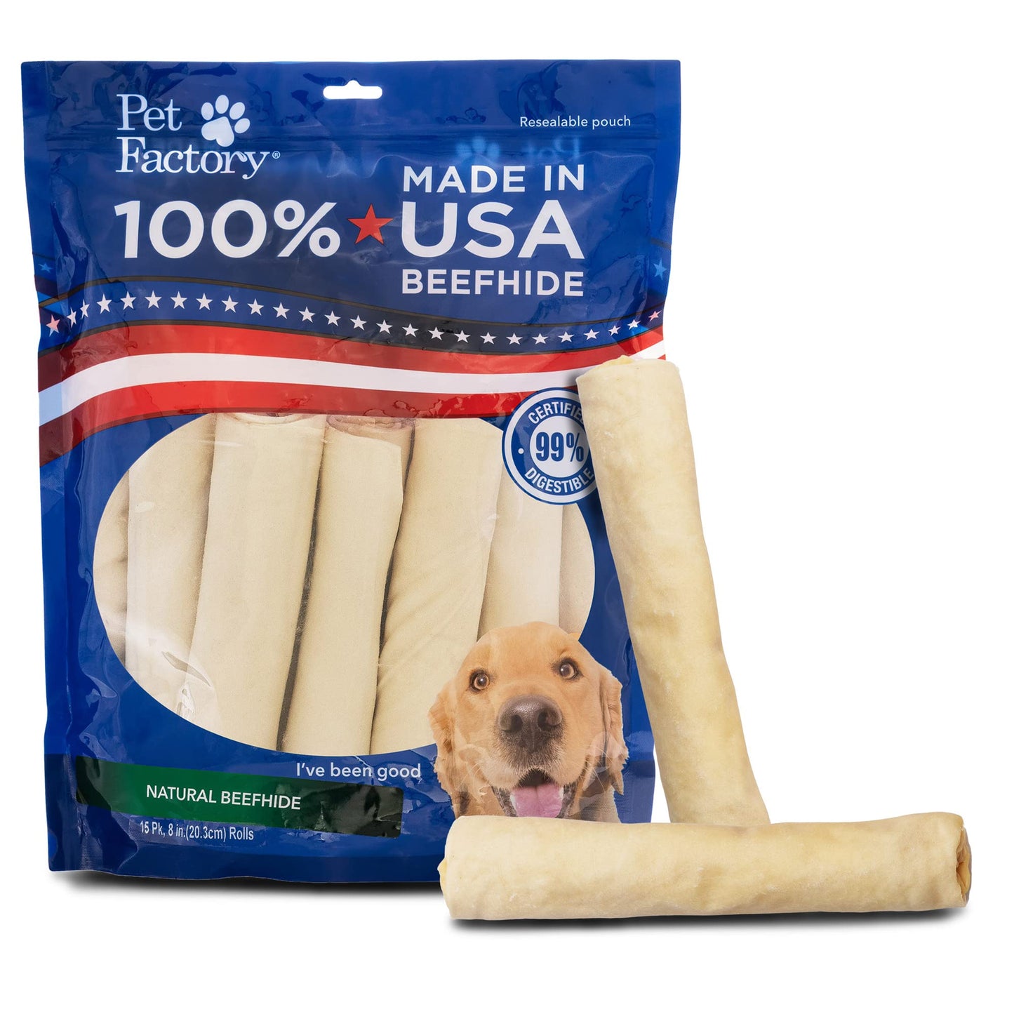 Pet Factory 100% Made in USA Beefhide 8" Rolls Dog Chew Treats - Natural Flavor, 15 Count/1 Pack