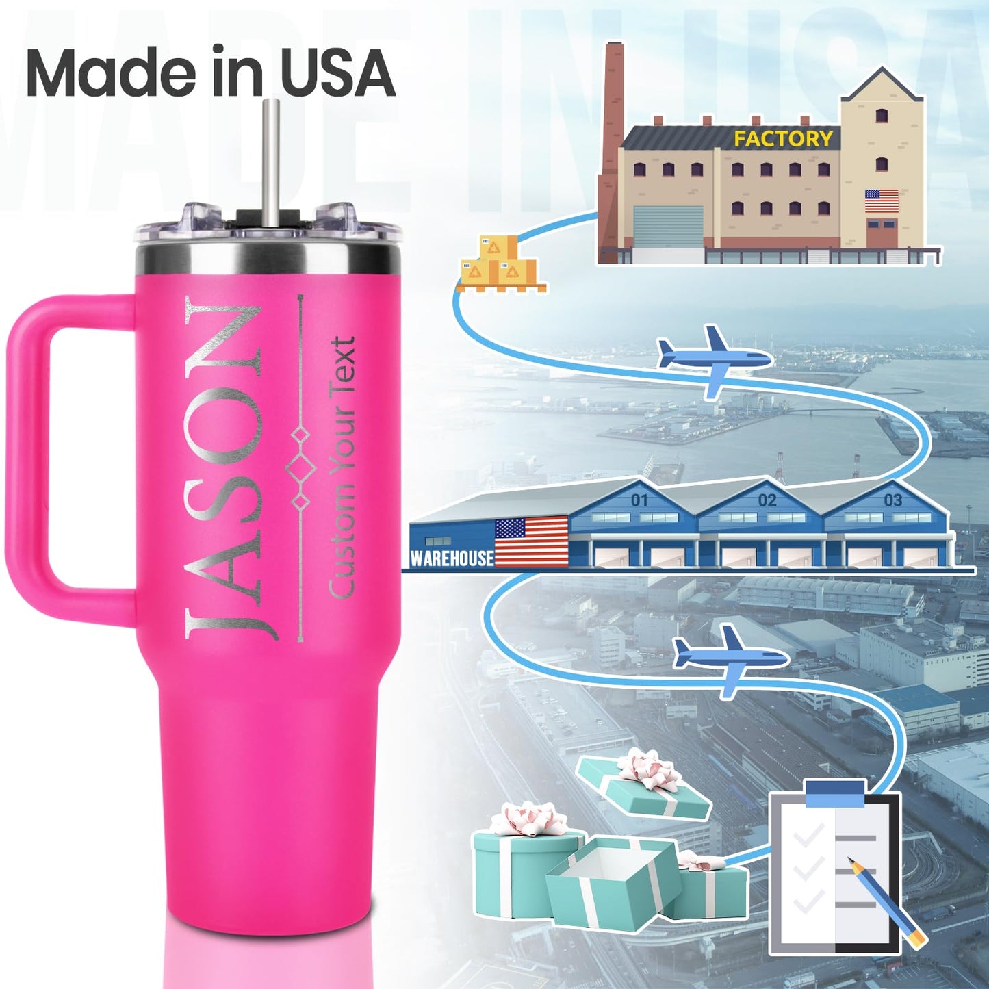 Made in USA - Personalized Tumbler 40oz with Handle and Straw - Custom Stainless Steel Travel Coffee Cup with Engraved Name Text - Personalized Gifts for Nurses Doctor - Nurse Gifts