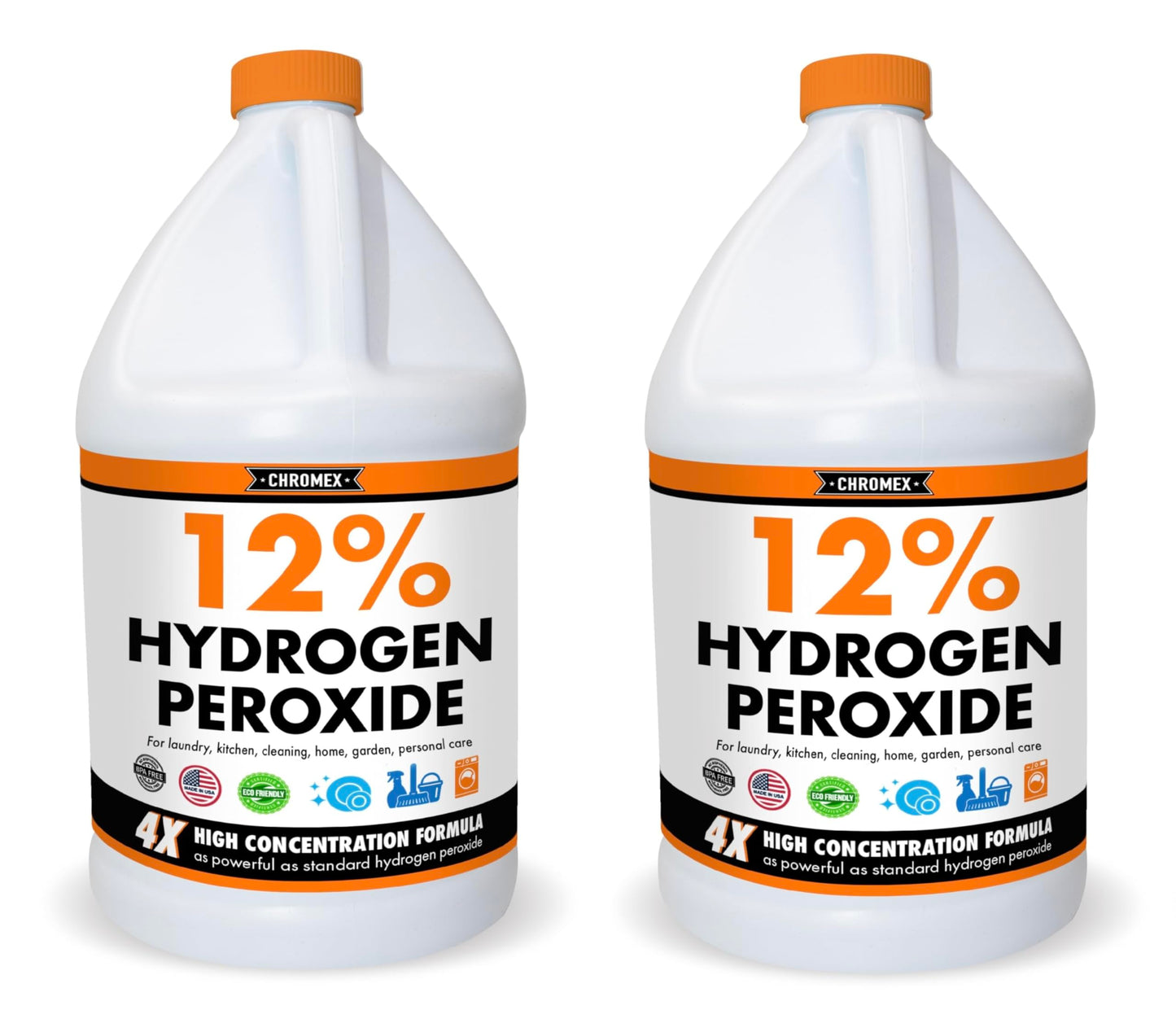 Chromex Hydrogen Peroxide 12 Percent Food Grade, 4x Power Concentrated Solution, 2 Gallons Dilute to 8 Gallons, Versatile Uses include Topical Care, Home, Kitchen, Bath Cleaner, Laundry, Whitening