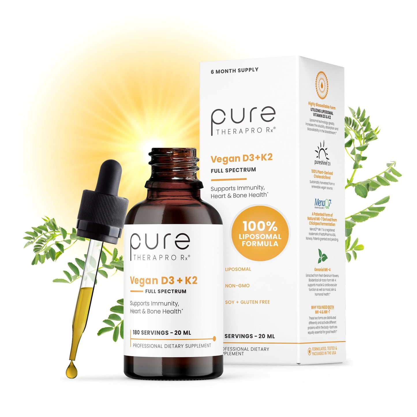 Pure TheraPro Rx Vegan D3 + K2 Organic 100% Liposomal 20ml Made in USA | 6 Month Supply | Maximum Absorption Vitamin D3 and Vitamin K2 Supplements for Men and Women, D3 Vitamin 5000 IU