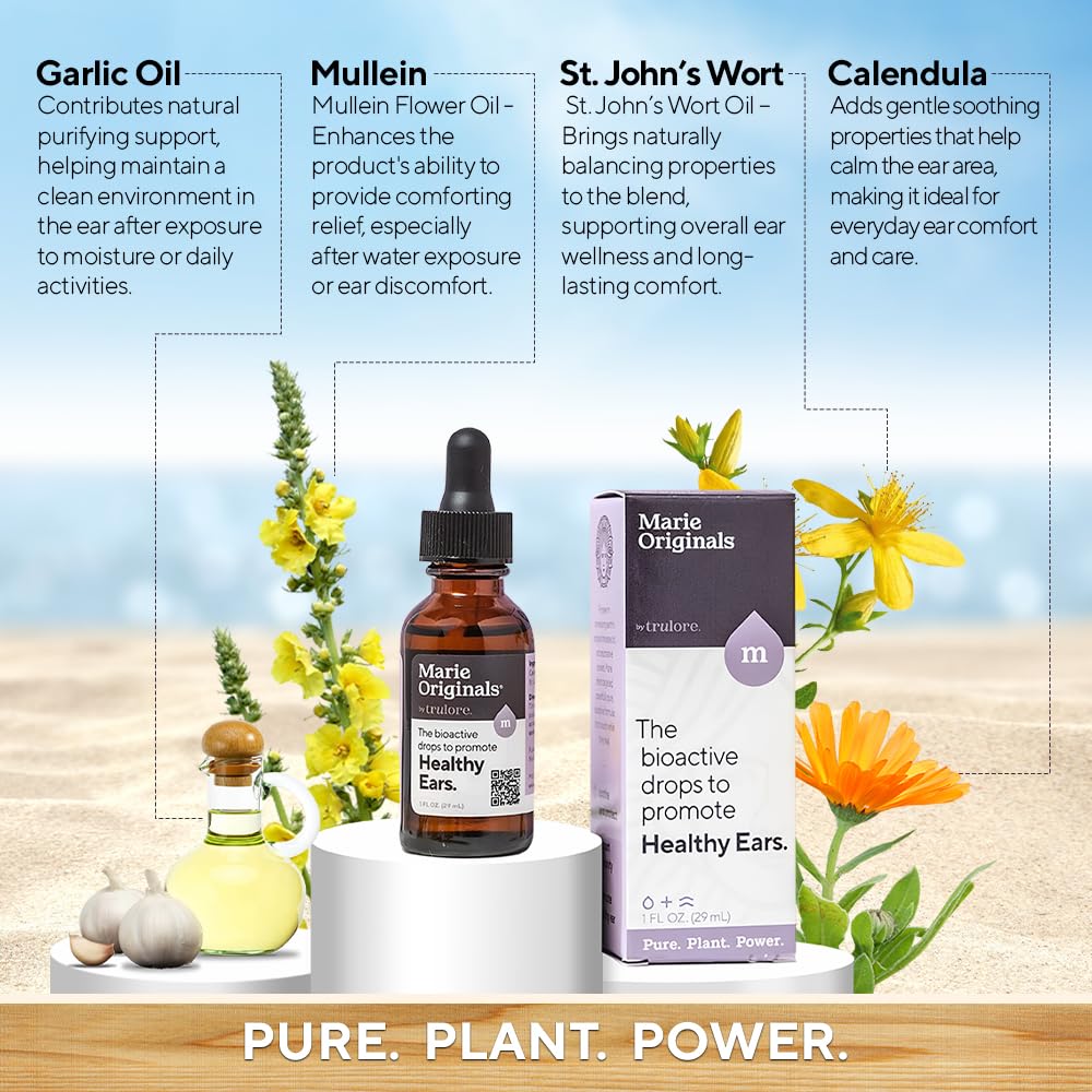Marie Originals Natural Ear Oil Drops | Mullein Garlic Oil Ear Drops for Infection Prevention, Herbal Ear Ache Drops for Adults, Kids & Pets, Soothes Ear Pain & Wax Removal, Earache Remedies (1 Pack)