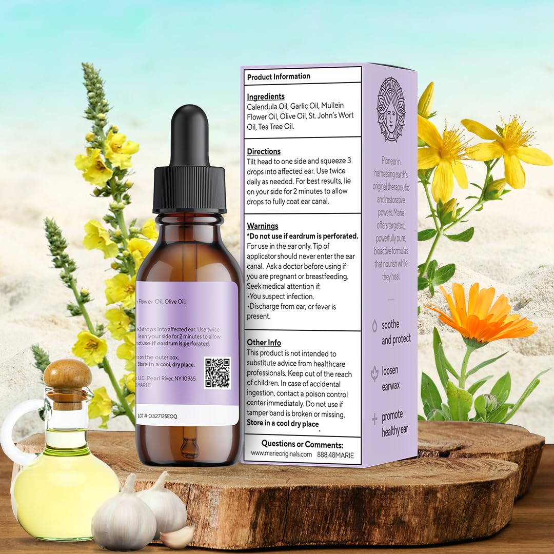 Marie Originals Natural Ear Oil Drops | Mullein Garlic Oil Ear Drops for Infection Prevention, Herbal Ear Ache Drops for Adults, Kids & Pets, Soothes Ear Pain & Wax Removal, Earache Remedies (1 Pack)