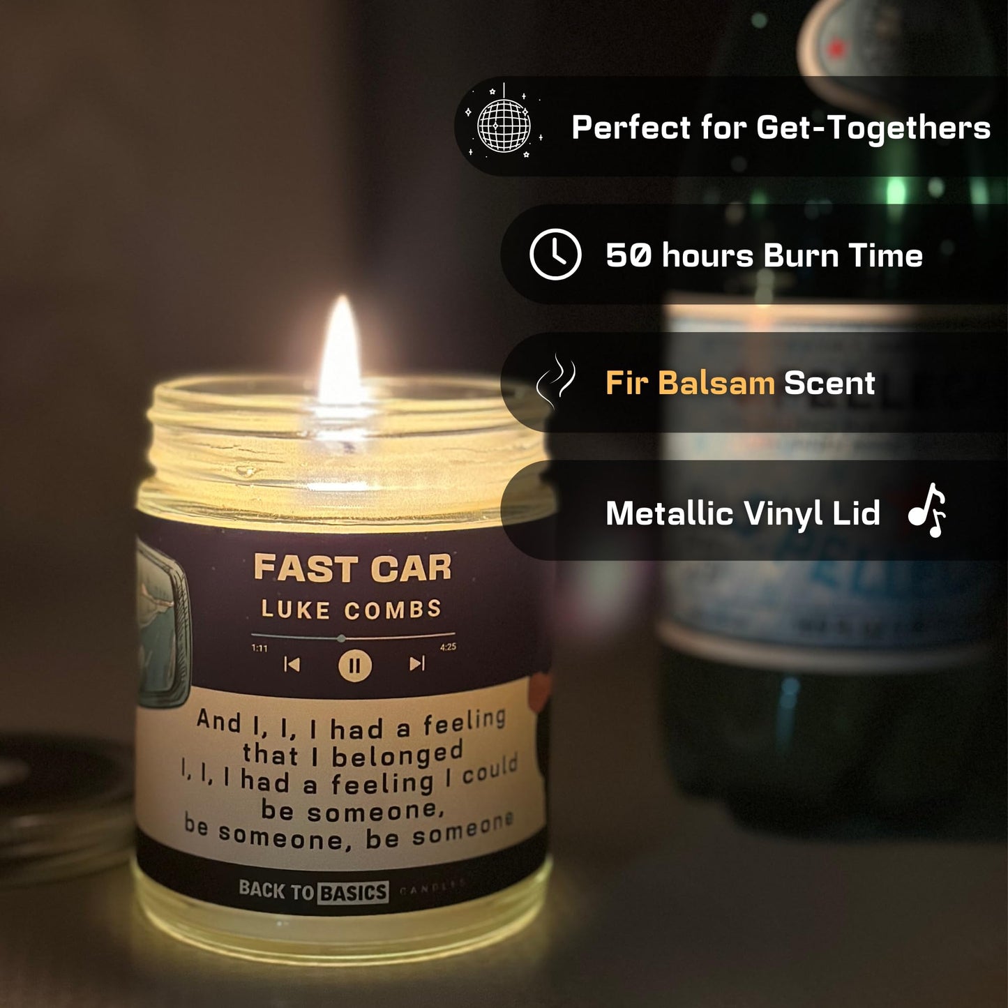 Back to Basics Candles | Fast Car - 9oz Soy Wax Fir Balsam Scented Candle for Home Decor, Birthday Gifts for Women, Men, Best Friend | Relaxing Aromatherapy Made in USA