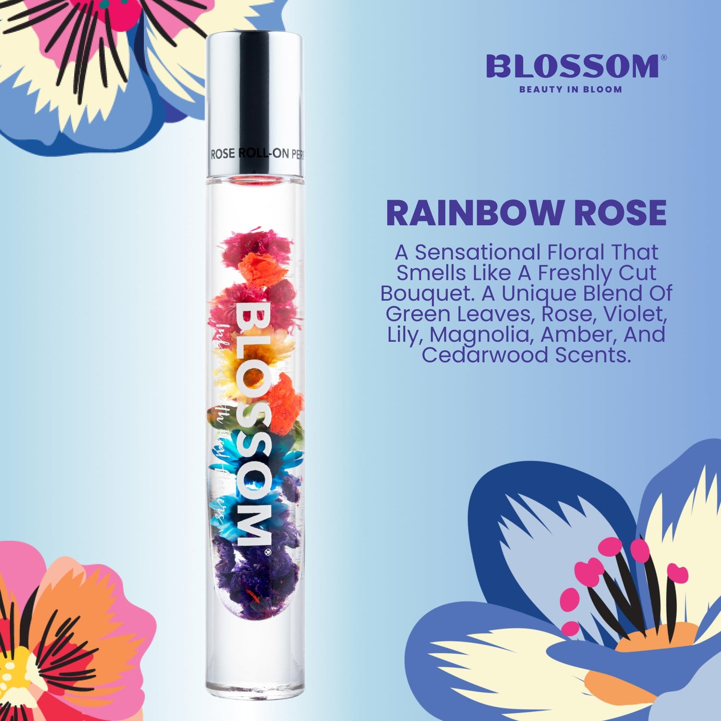 Blossom Roll on Perfume for Women Alcohol Free Rollerball Perfume Oil with Essential Oils, Infused with Real Flowers, Made in USA, 0.20oz (Rose, Violet, Lily, Magnolia, Amber, Cedarwood) Rainbow Rose